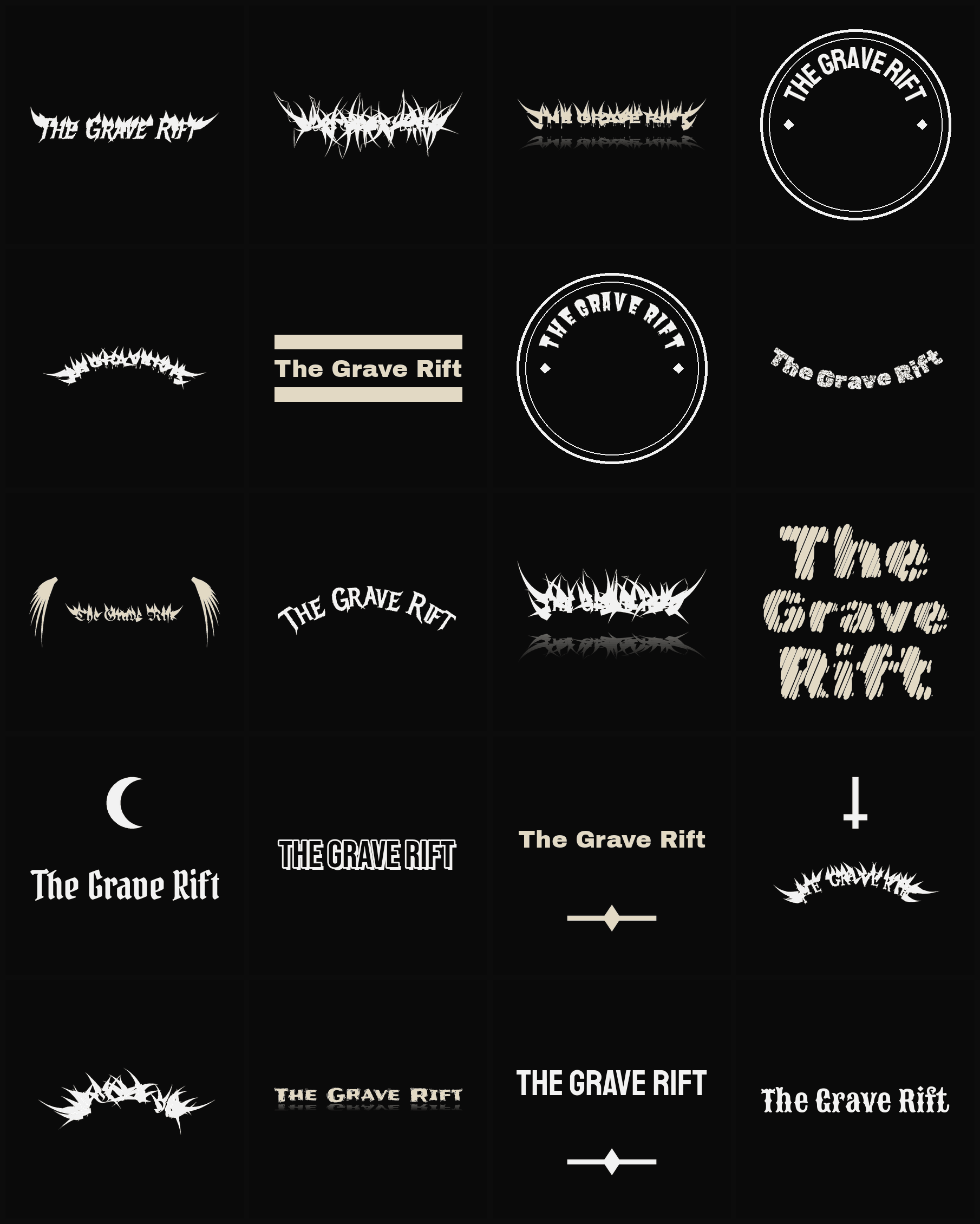 Twenty The Grave Rift band logo ideas — different faces, treatments and spike settings