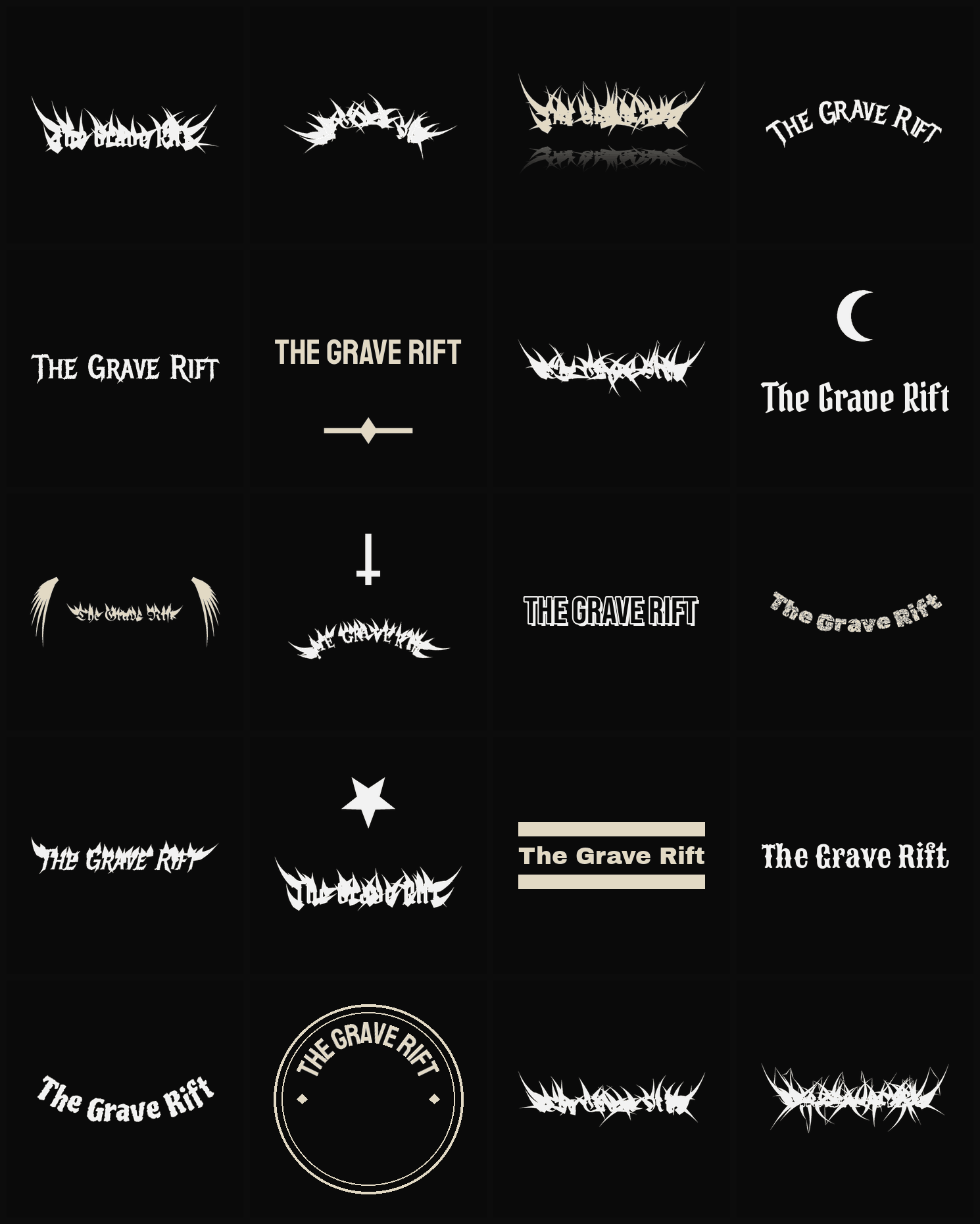 Twenty The Grave Rift band logo ideas — different faces, treatments and spike settings