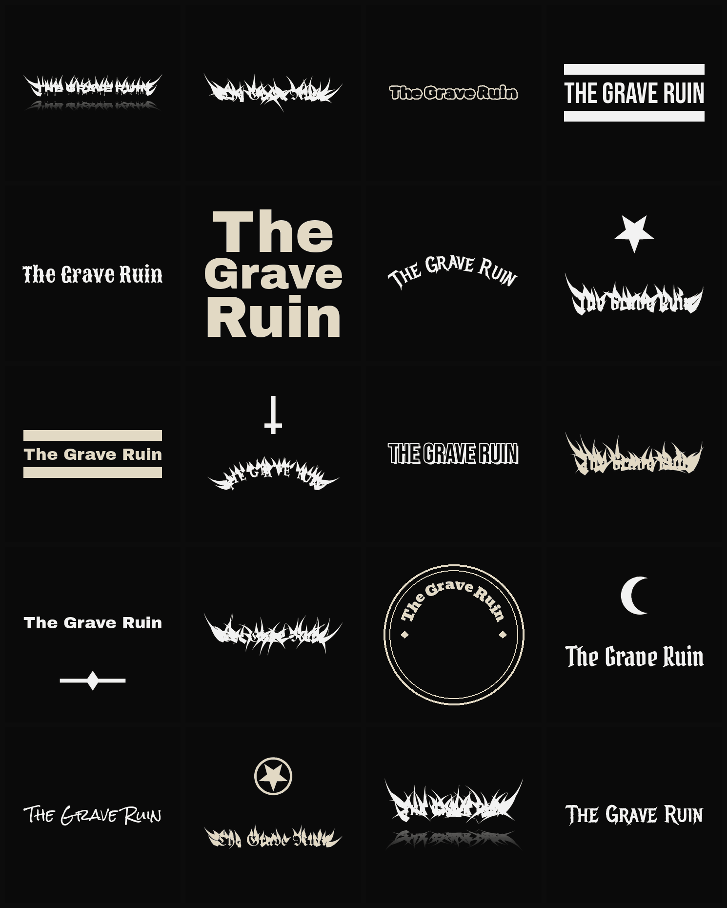 Twenty The Grave Ruin band logo ideas — different faces, treatments and spike settings