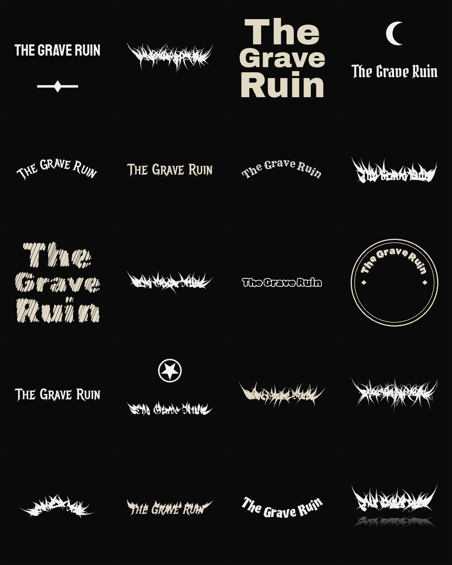 Twenty The Grave Ruin band logo ideas — different faces, treatments and spike settings