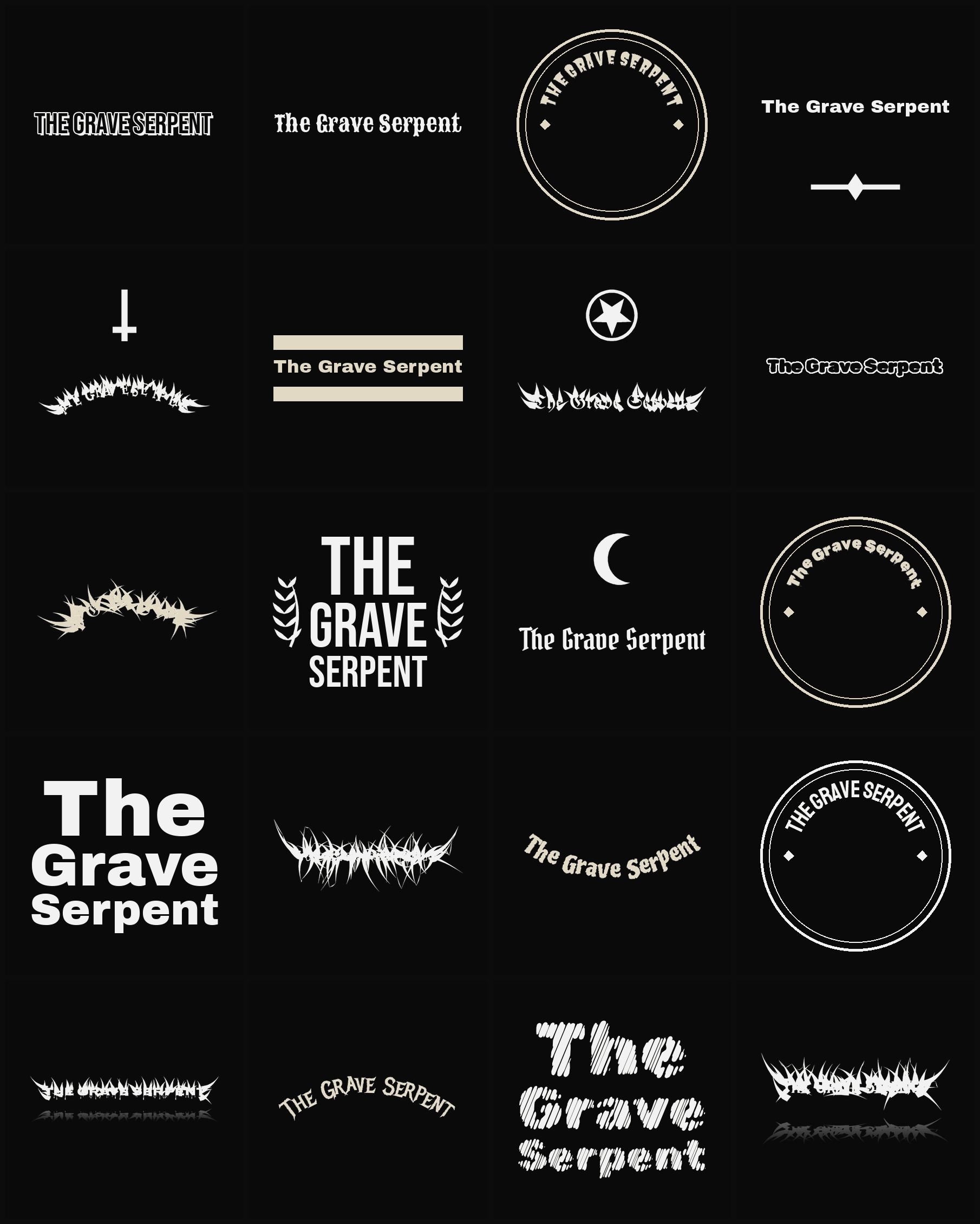Twenty The Grave Serpent band logo ideas — different faces, treatments and spike settings