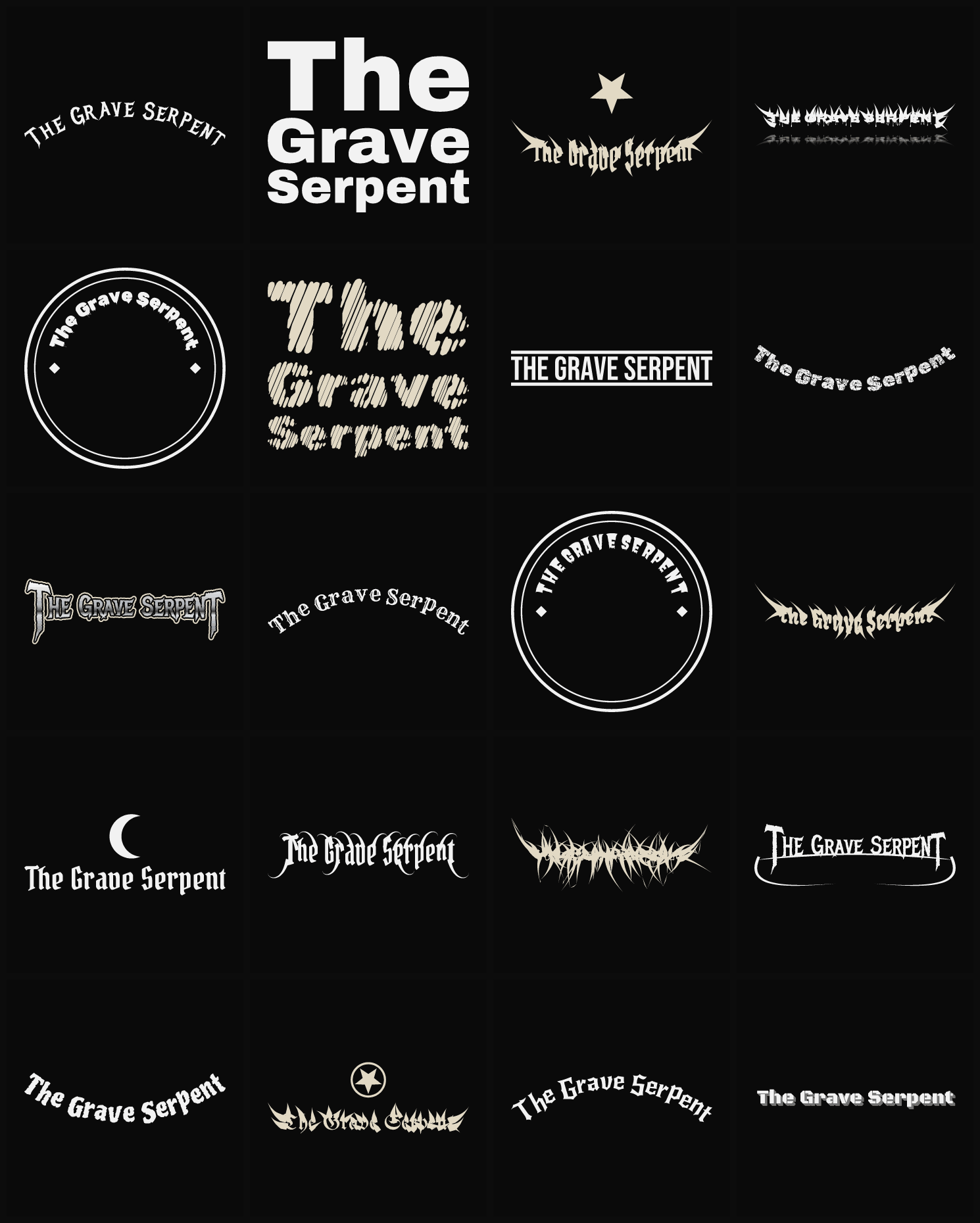 Twenty The Grave Serpent band logo ideas — different faces, treatments and spike settings