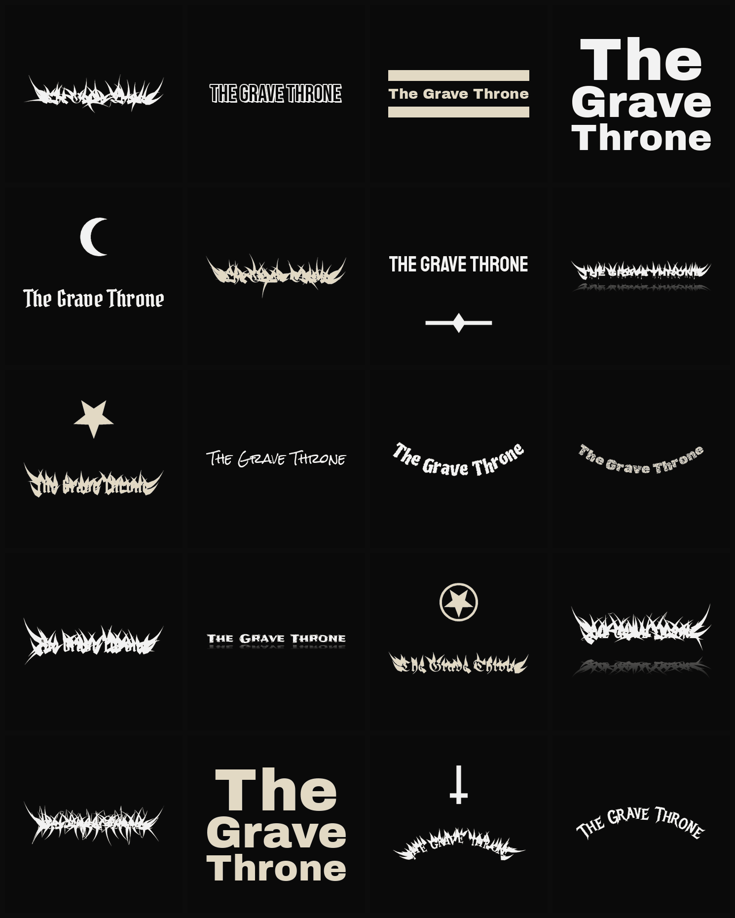 Twenty The Grave Throne band logo ideas — different faces, treatments and spike settings