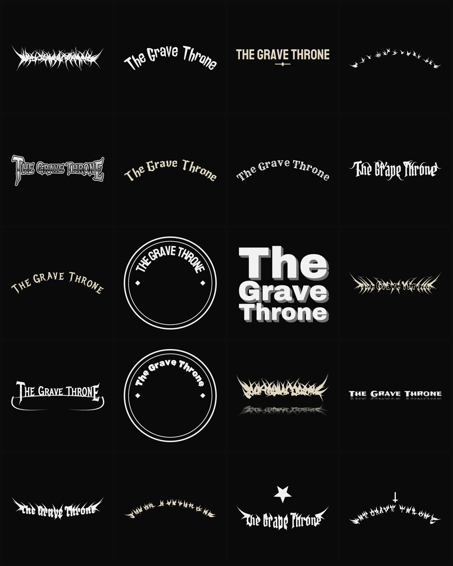 Twenty The Grave Throne band logo ideas — different faces, treatments and spike settings