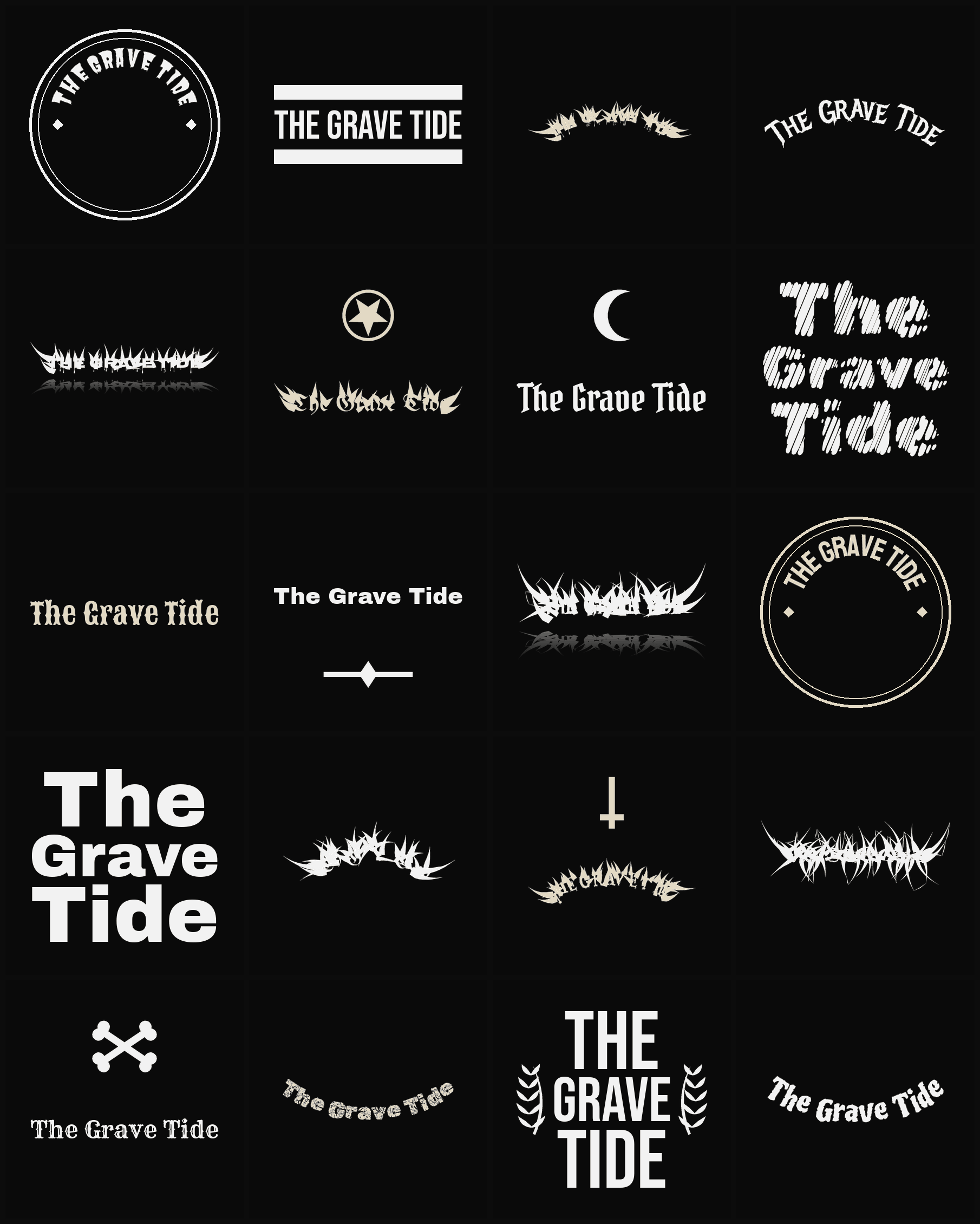 Twenty The Grave Tide band logo ideas — different faces, treatments and spike settings