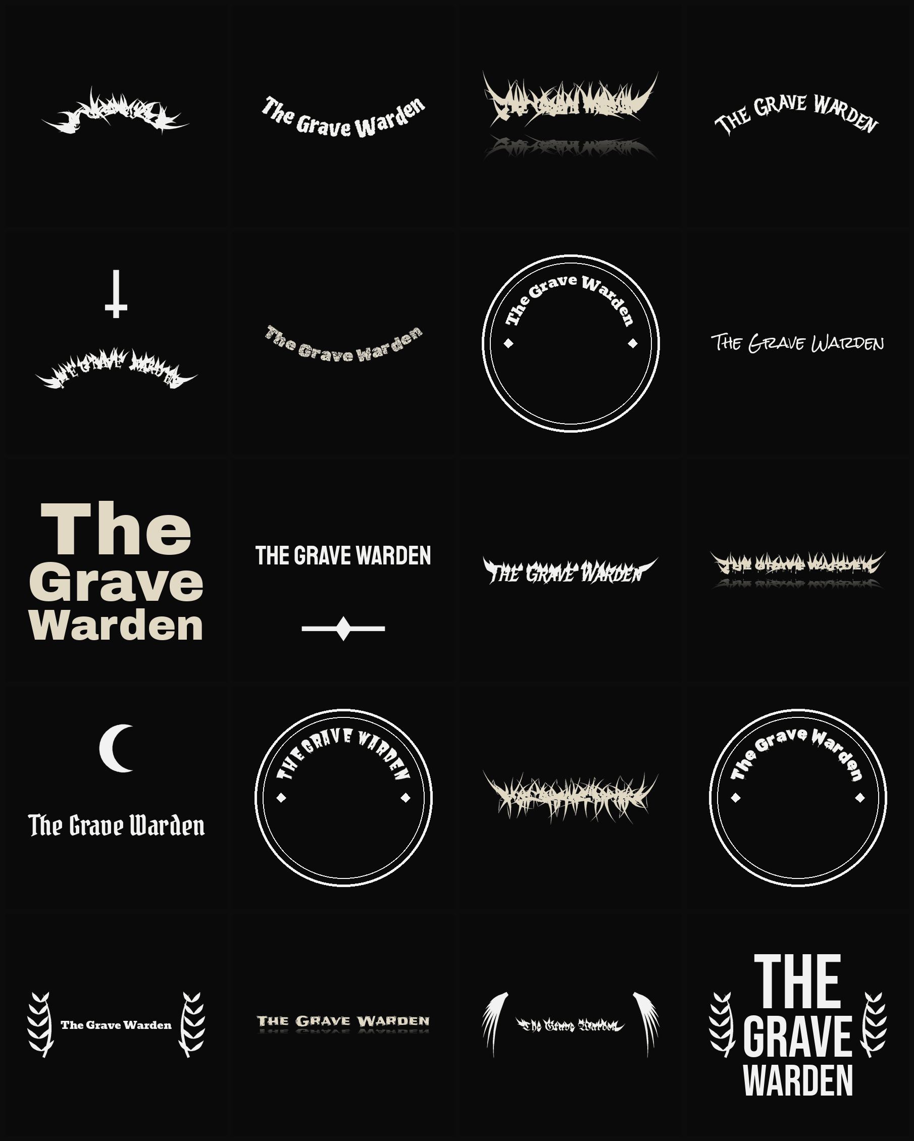 Twenty The Grave Warden band logo ideas — different faces, treatments and spike settings