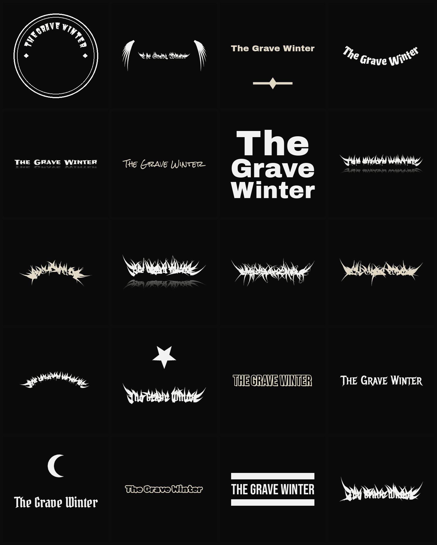 Twenty The Grave Winter band logo ideas — different faces, treatments and spike settings