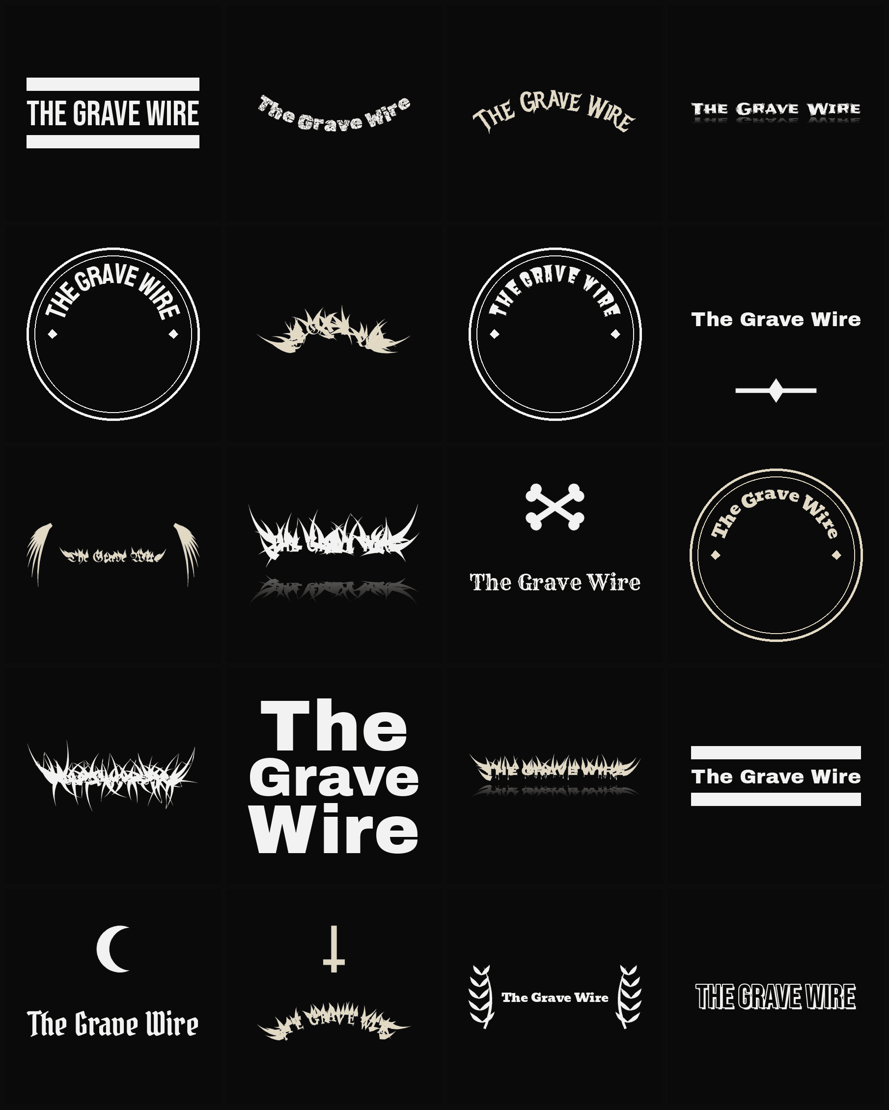 Twenty The Grave Wire band logo ideas — different faces, treatments and spike settings