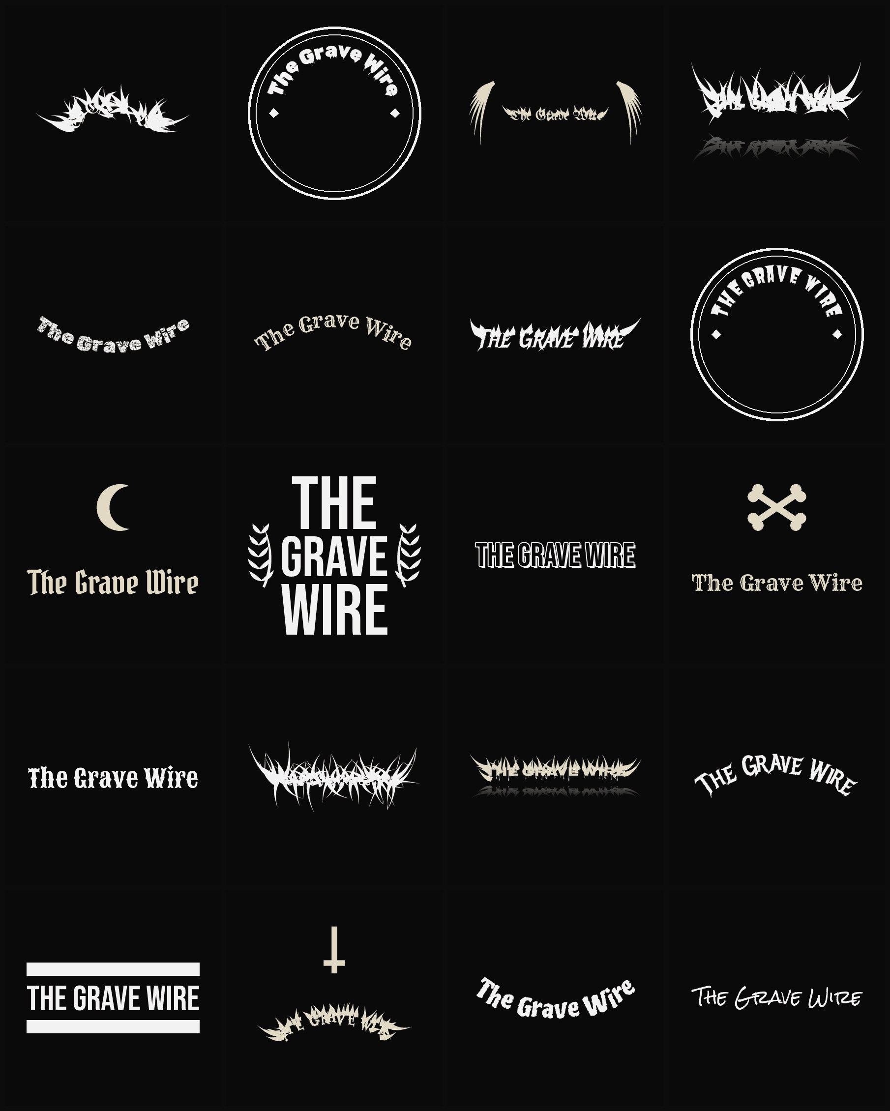 Twenty The Grave Wire band logo ideas — different faces, treatments and spike settings