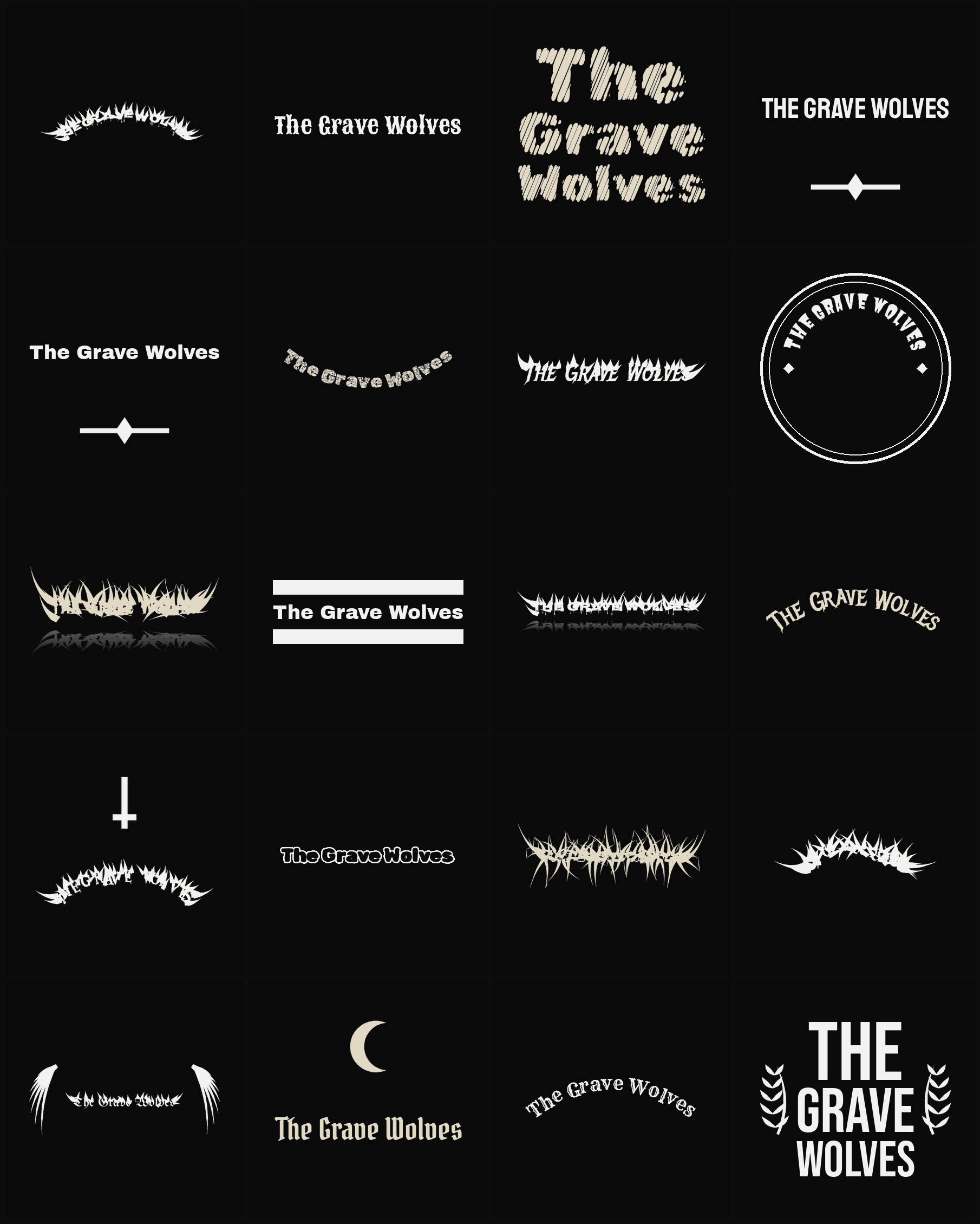 Twenty The Grave Wolves band logo ideas — different faces, treatments and spike settings
