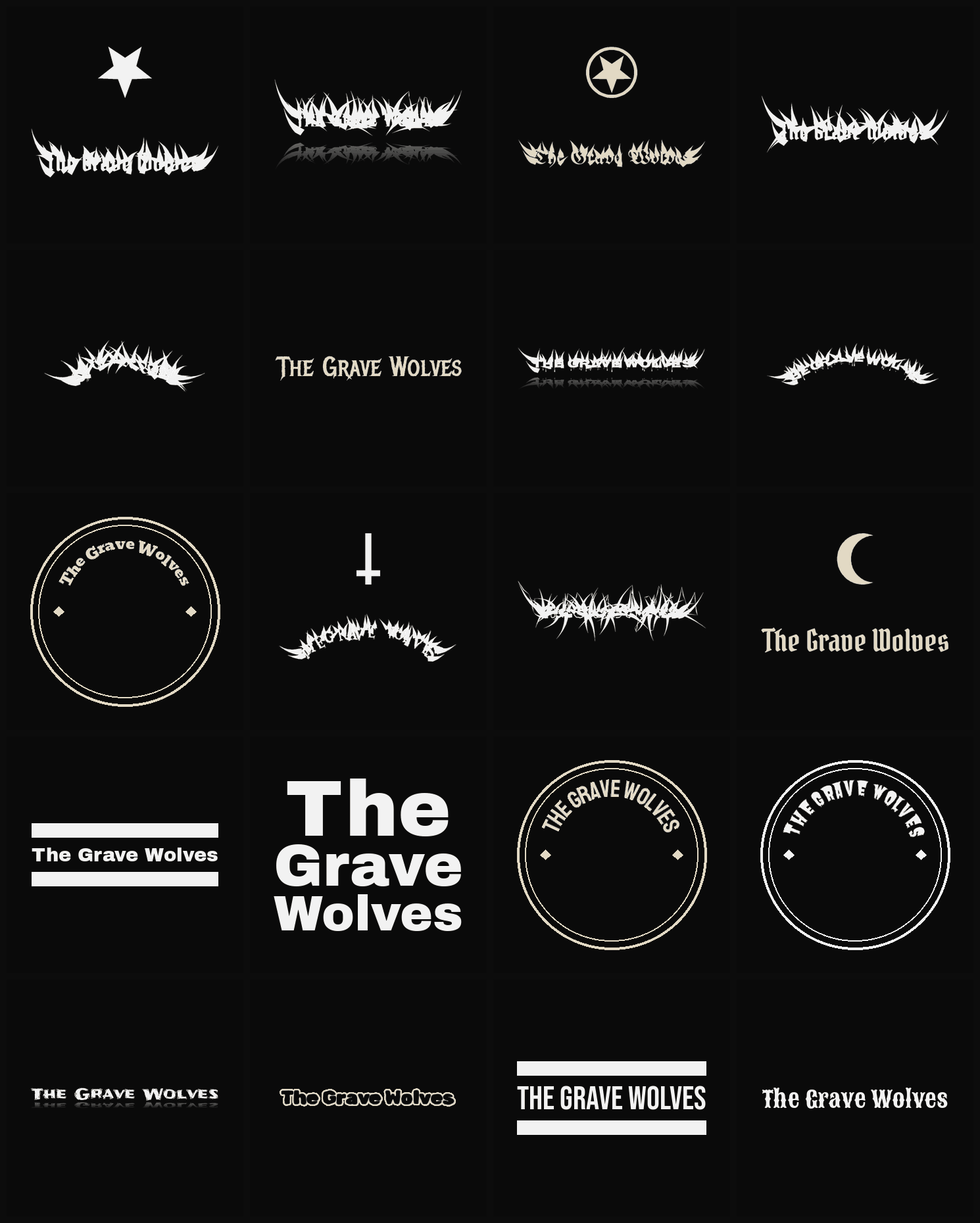 Twenty The Grave Wolves band logo ideas — different faces, treatments and spike settings