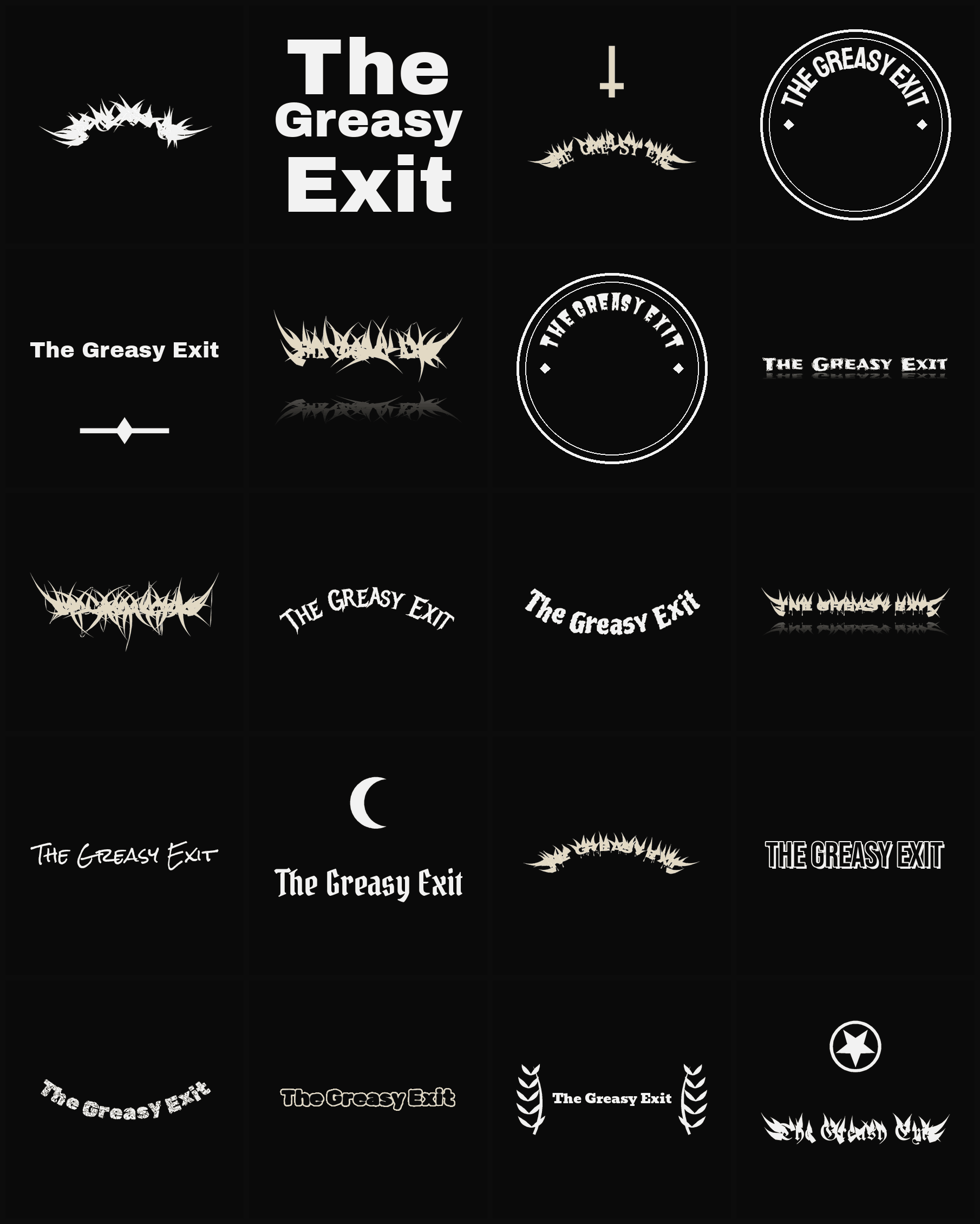 Twenty The Greasy Exit band logo ideas — different faces, treatments and spike settings