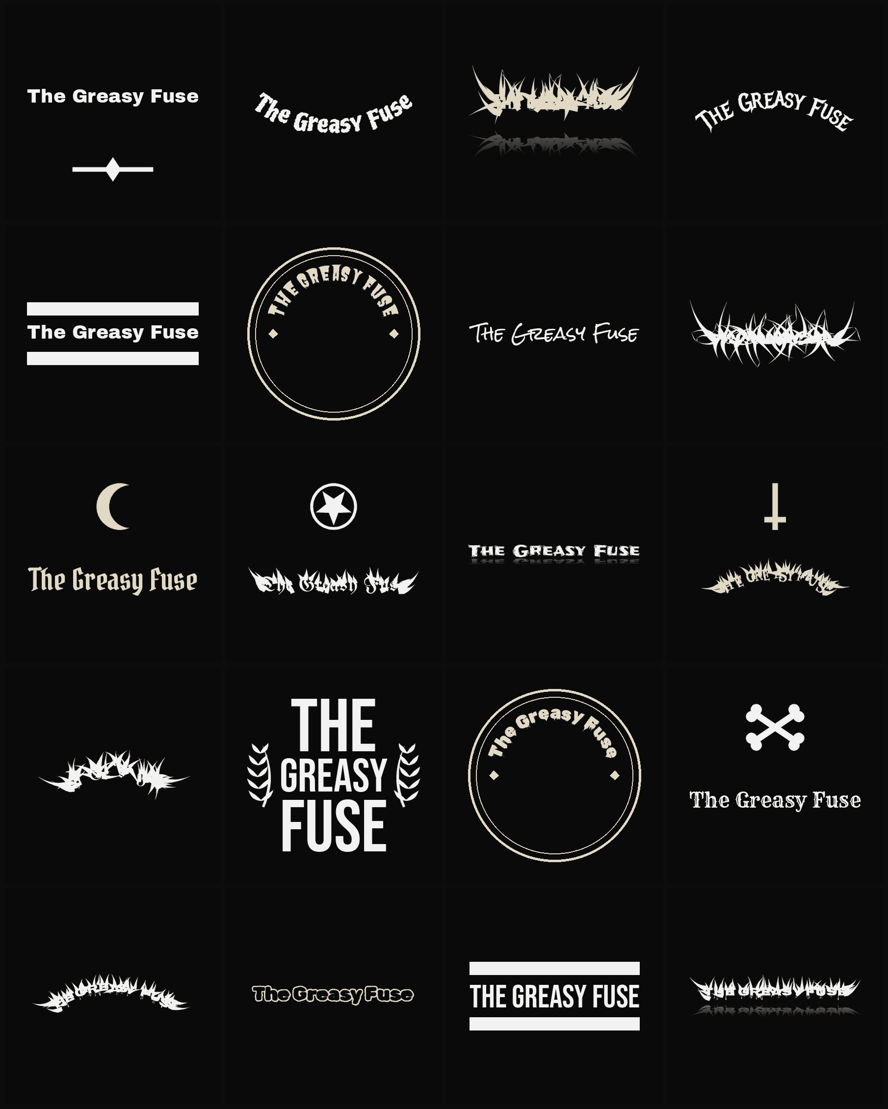 Twenty The Greasy Fuse band logo ideas — different faces, treatments and spike settings