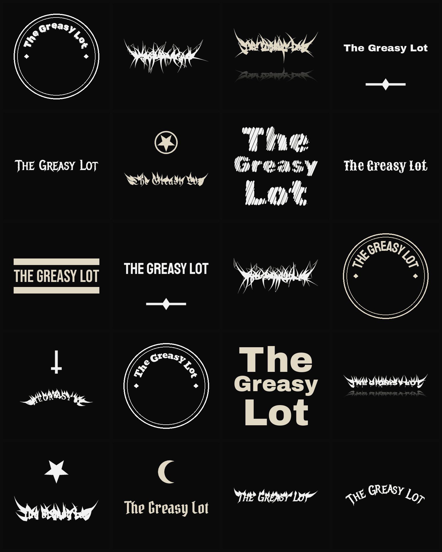 Twenty The Greasy Lot band logo ideas — different faces, treatments and spike settings