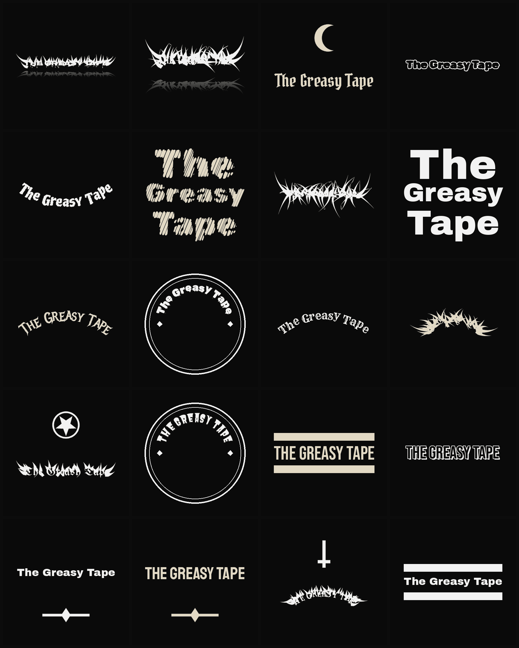 Twenty The Greasy Tape band logo ideas — different faces, treatments and spike settings