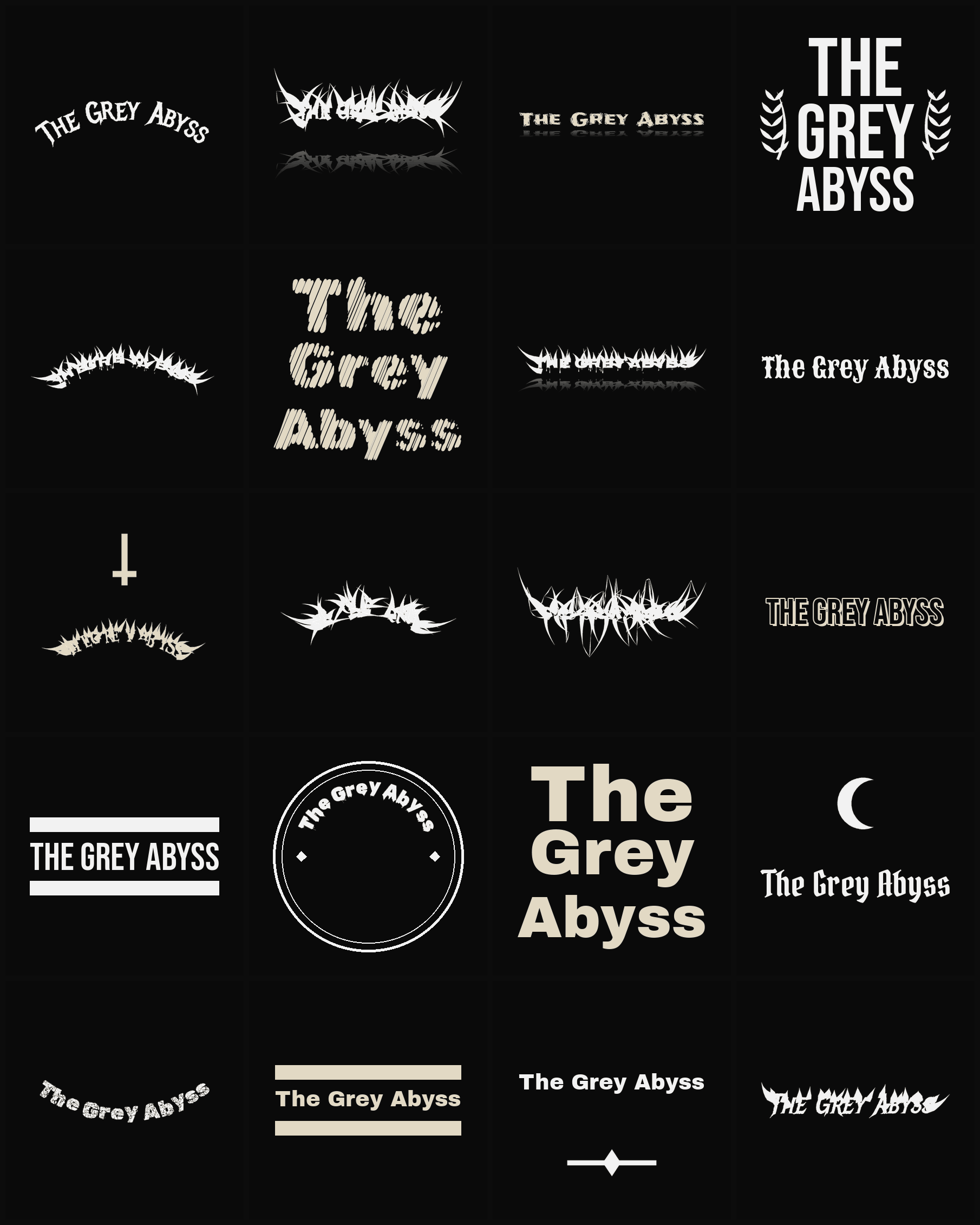 Twenty The Grey Abyss band logo ideas — different faces, treatments and spike settings