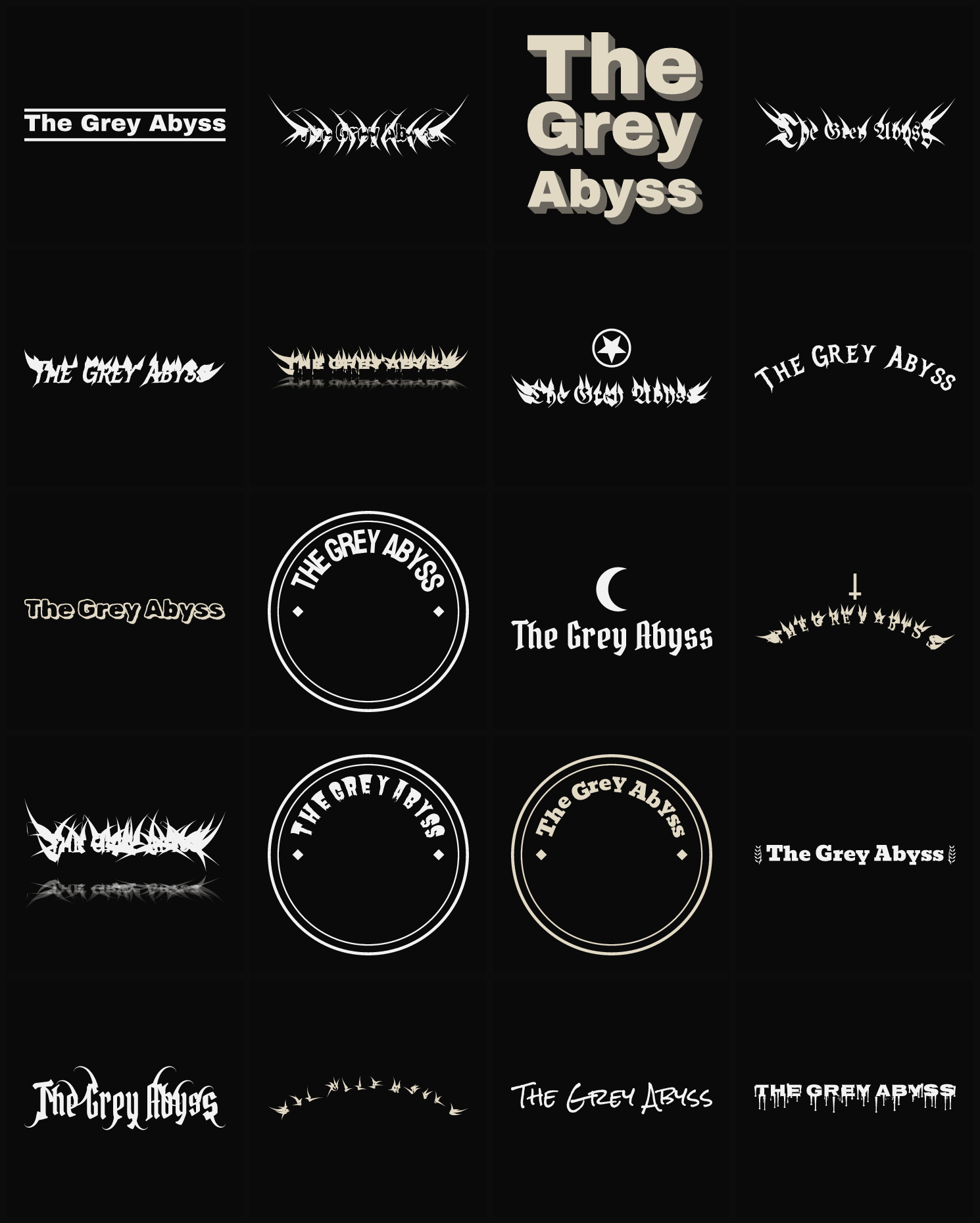 Twenty The Grey Abyss band logo ideas — different faces, treatments and spike settings