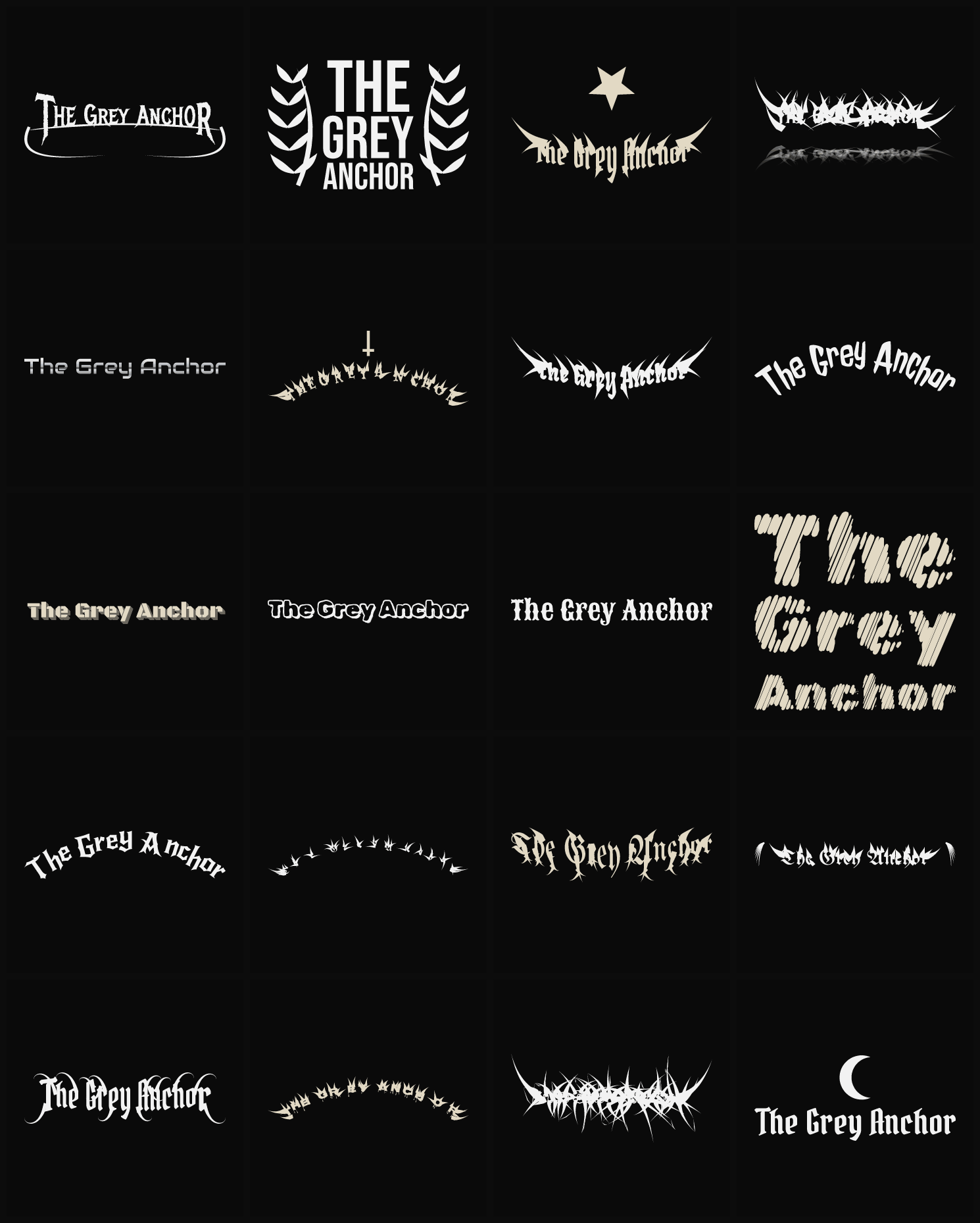 Twenty The Grey Anchor band logo ideas — different faces, treatments and spike settings