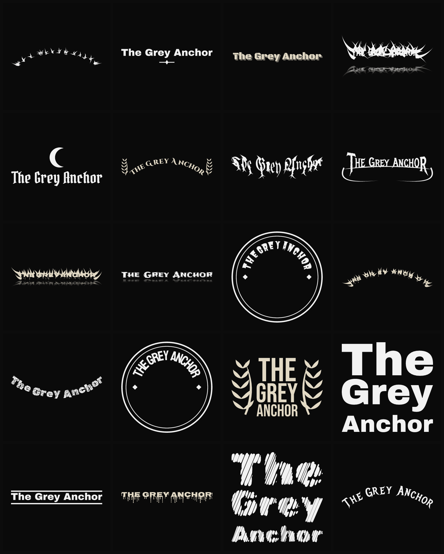 Twenty The Grey Anchor band logo ideas — different faces, treatments and spike settings