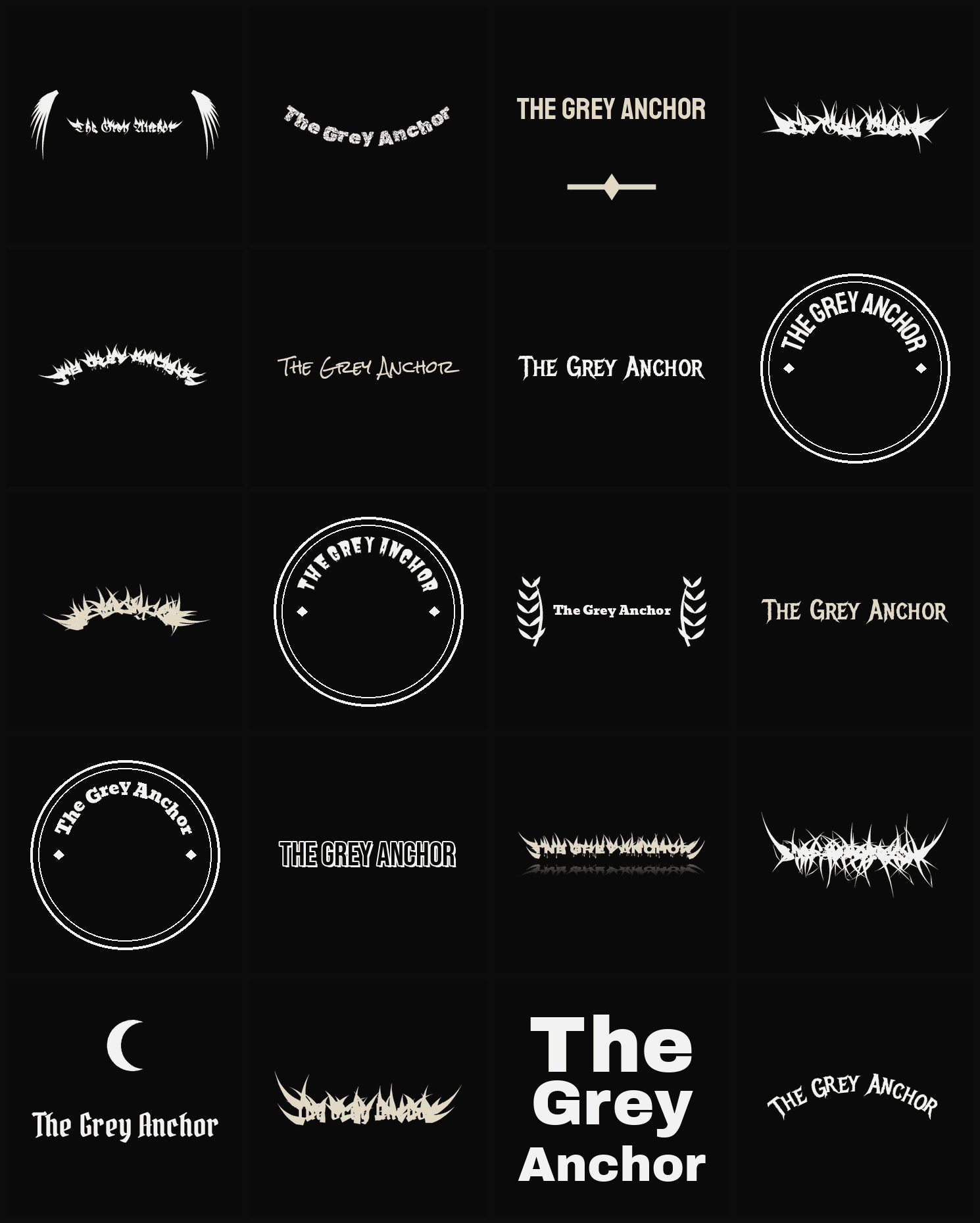 Twenty The Grey Anchor band logo ideas — different faces, treatments and spike settings