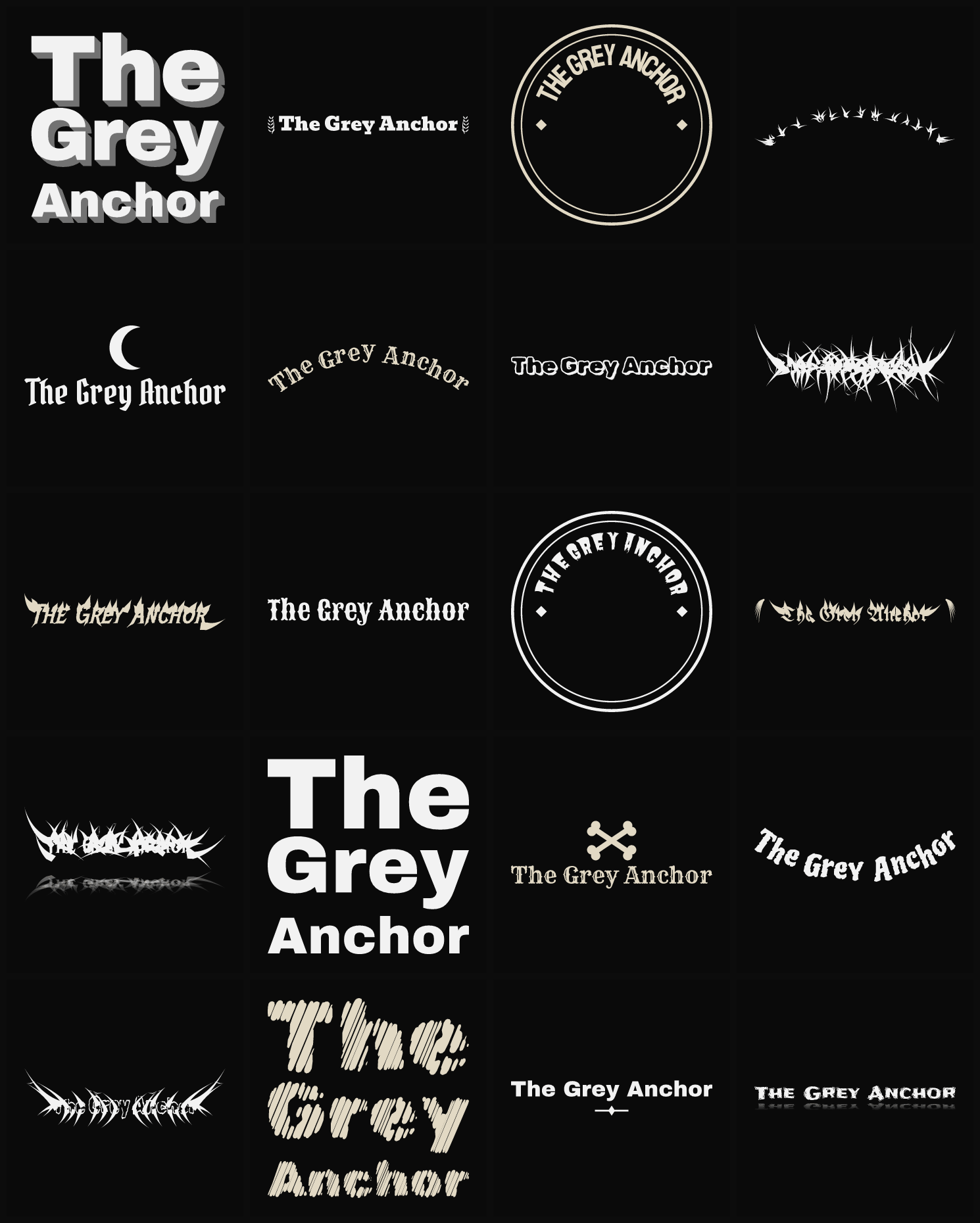 Twenty The Grey Anchor band logo ideas — different faces, treatments and spike settings