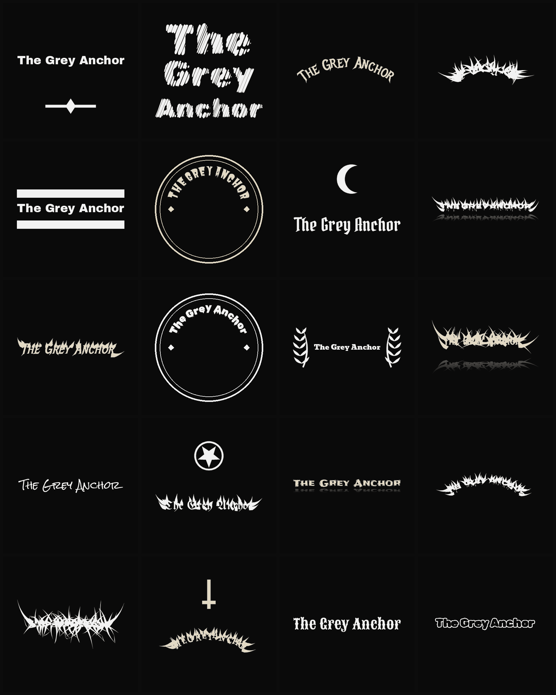 Twenty The Grey Anchor band logo ideas — different faces, treatments and spike settings