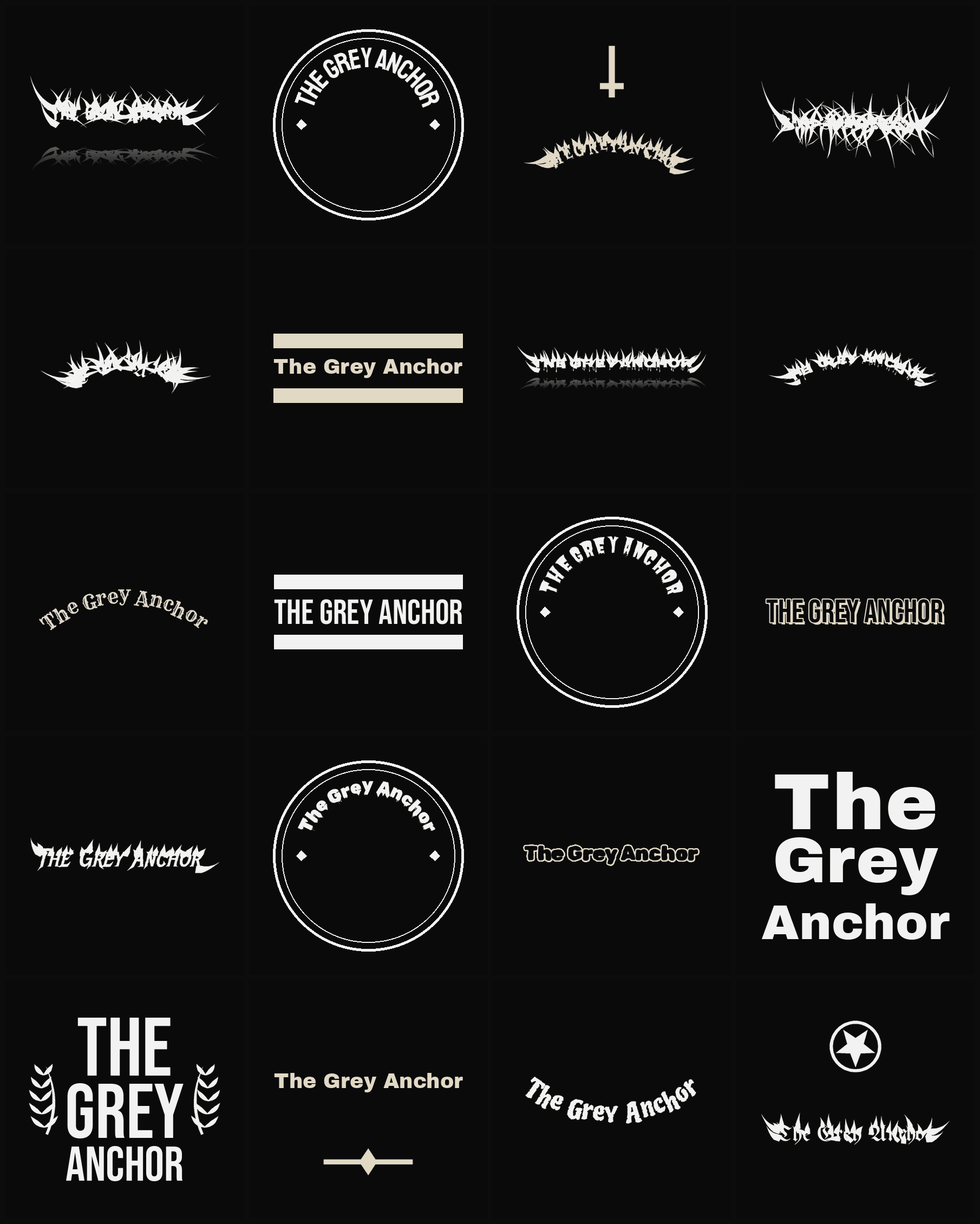 Twenty The Grey Anchor band logo ideas — different faces, treatments and spike settings