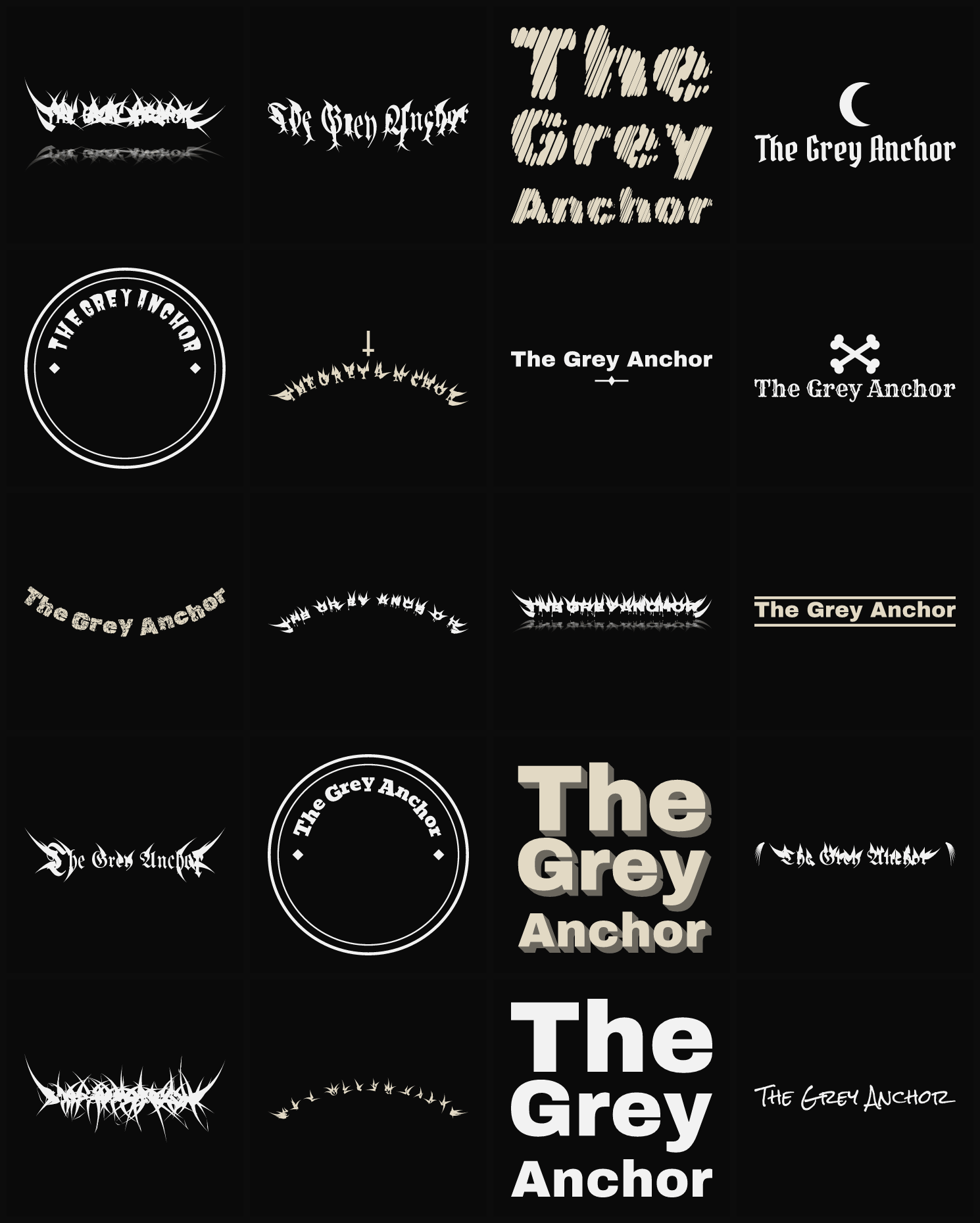 Twenty The Grey Anchor band logo ideas — different faces, treatments and spike settings