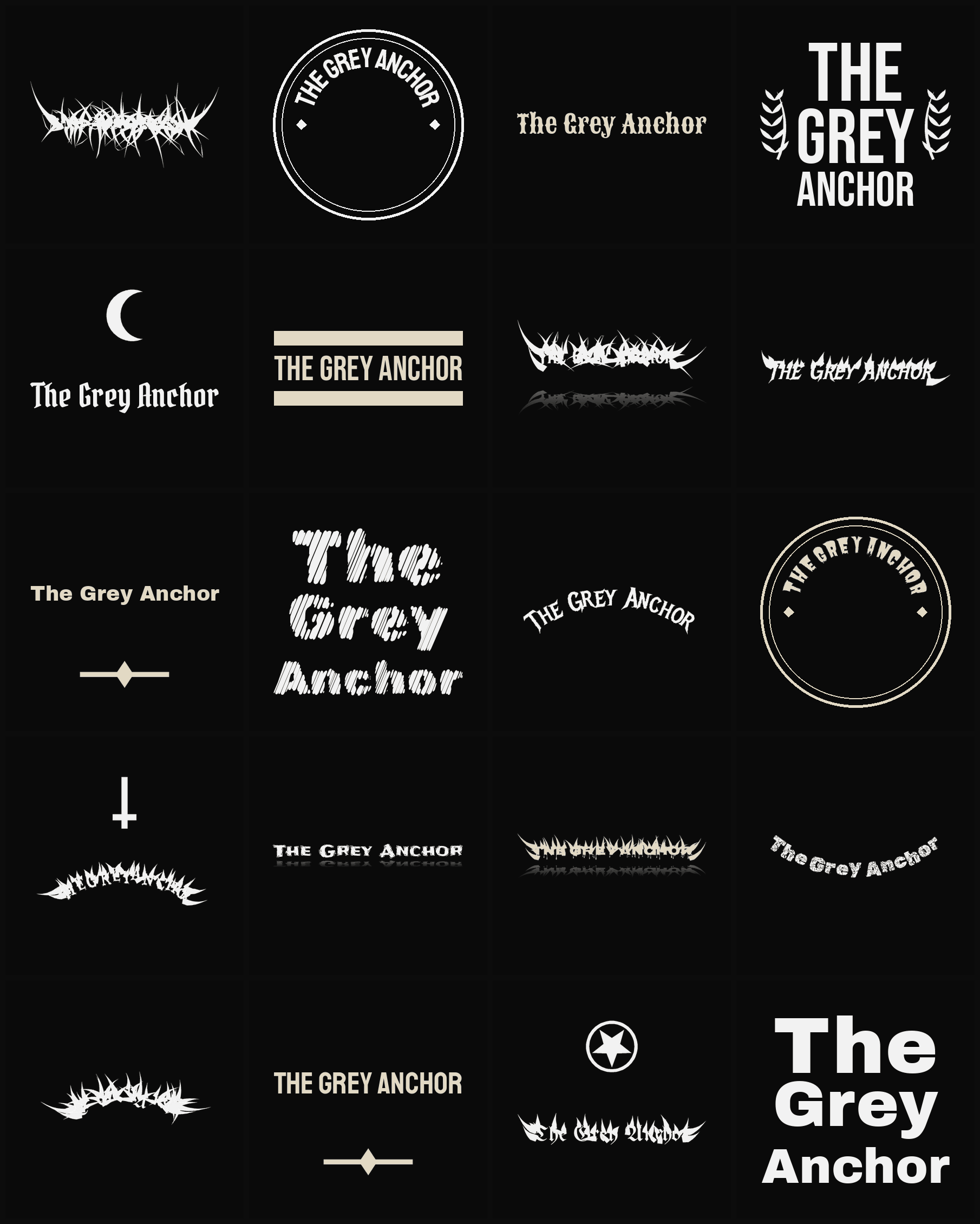 Twenty The Grey Anchor band logo ideas — different faces, treatments and spike settings