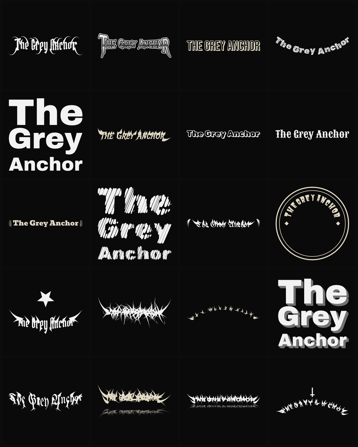 Twenty The Grey Anchor band logo ideas — different faces, treatments and spike settings