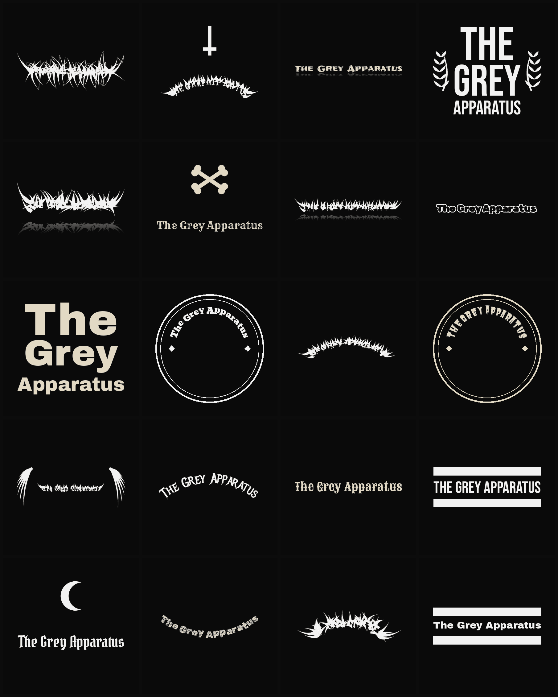 Twenty The Grey Apparatus band logo ideas — different faces, treatments and spike settings