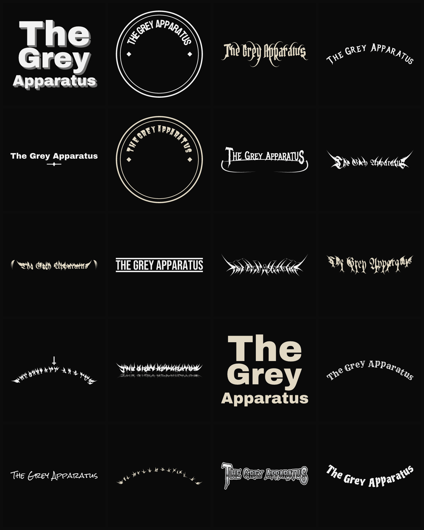Twenty The Grey Apparatus band logo ideas — different faces, treatments and spike settings