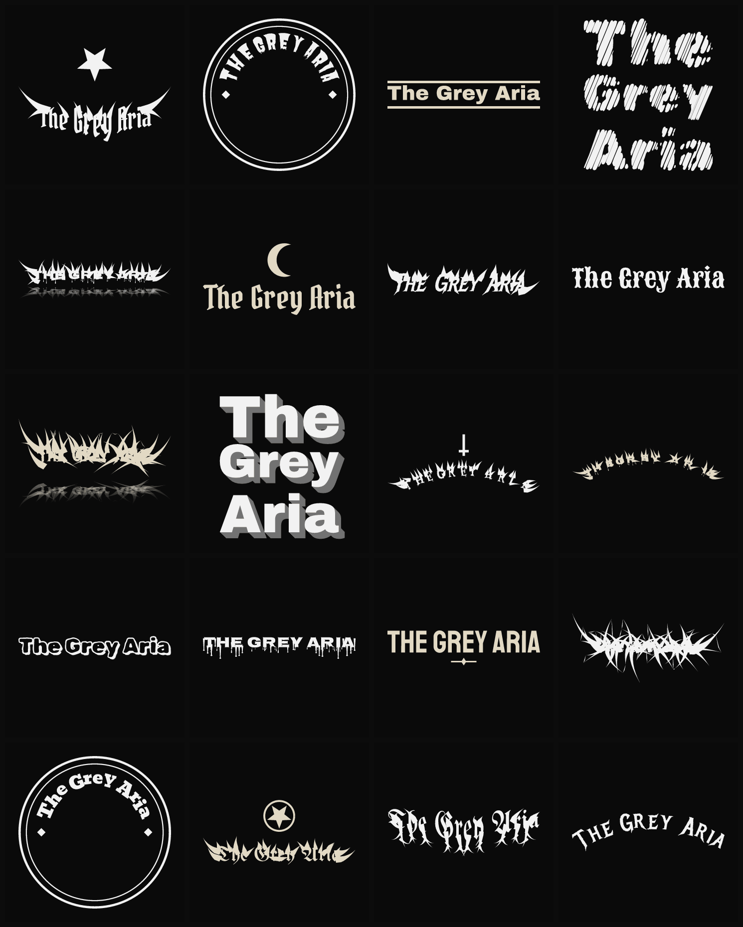 Twenty The Grey Aria band logo ideas — different faces, treatments and spike settings