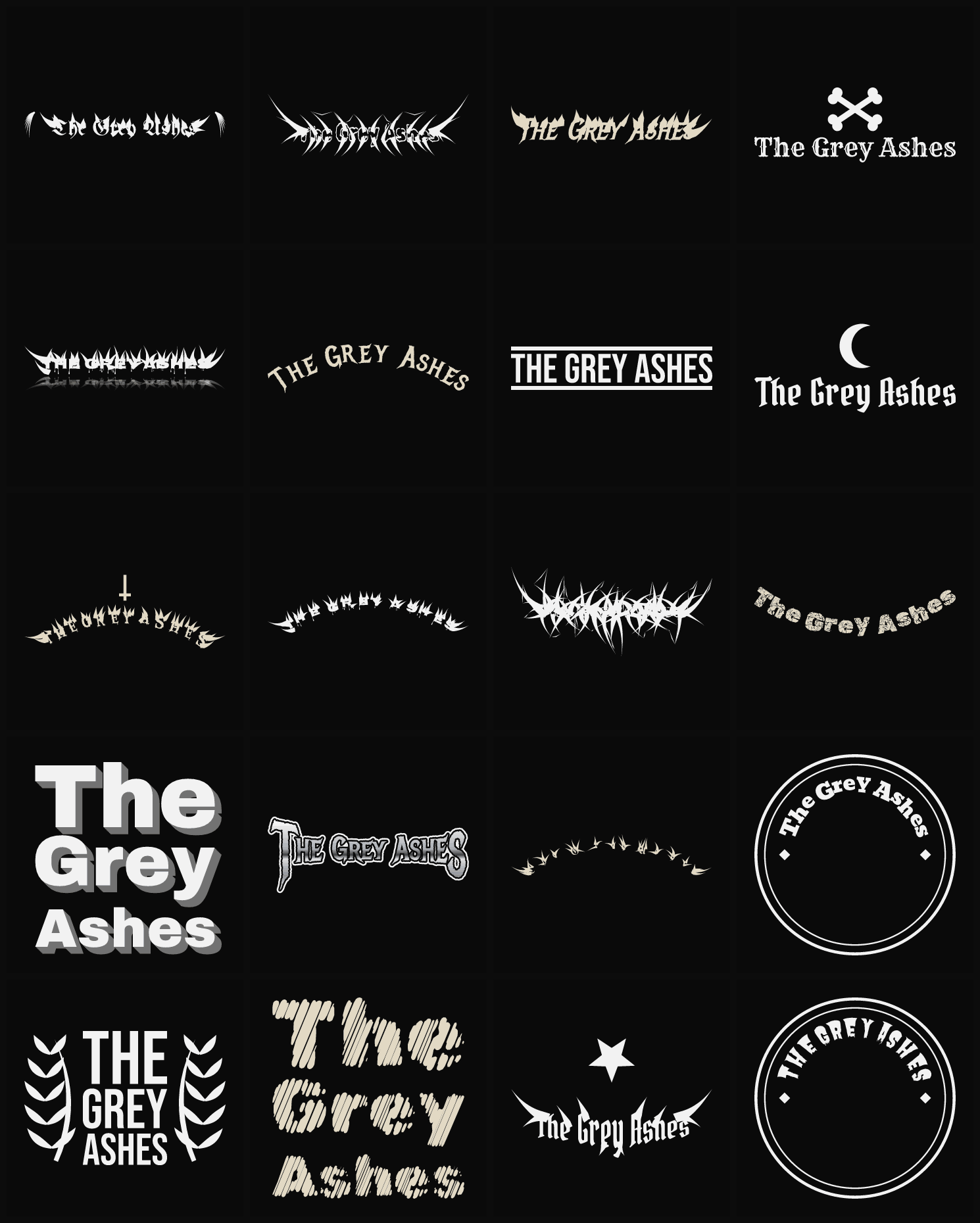 Twenty The Grey Ashes band logo ideas — different faces, treatments and spike settings