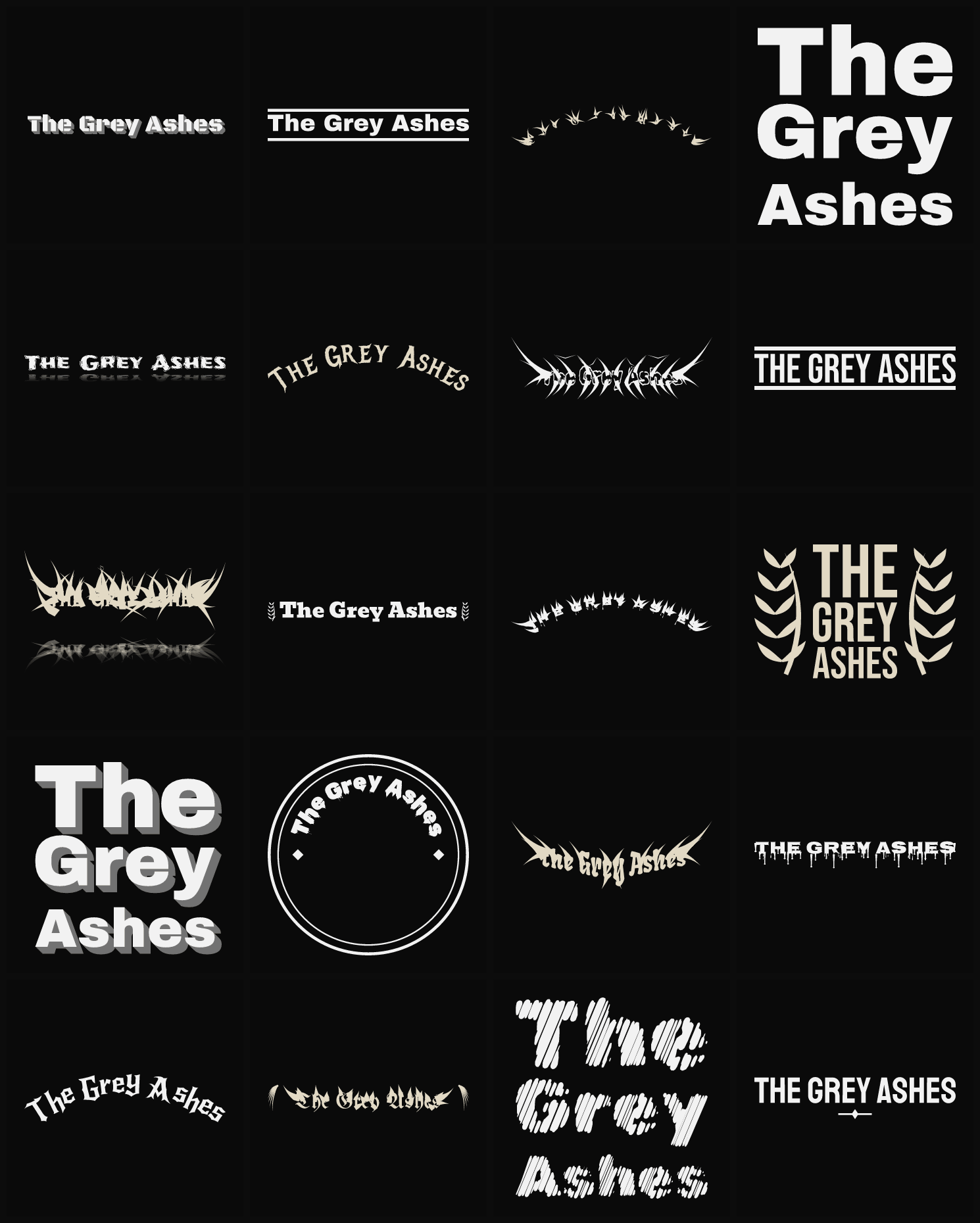 Twenty The Grey Ashes band logo ideas — different faces, treatments and spike settings