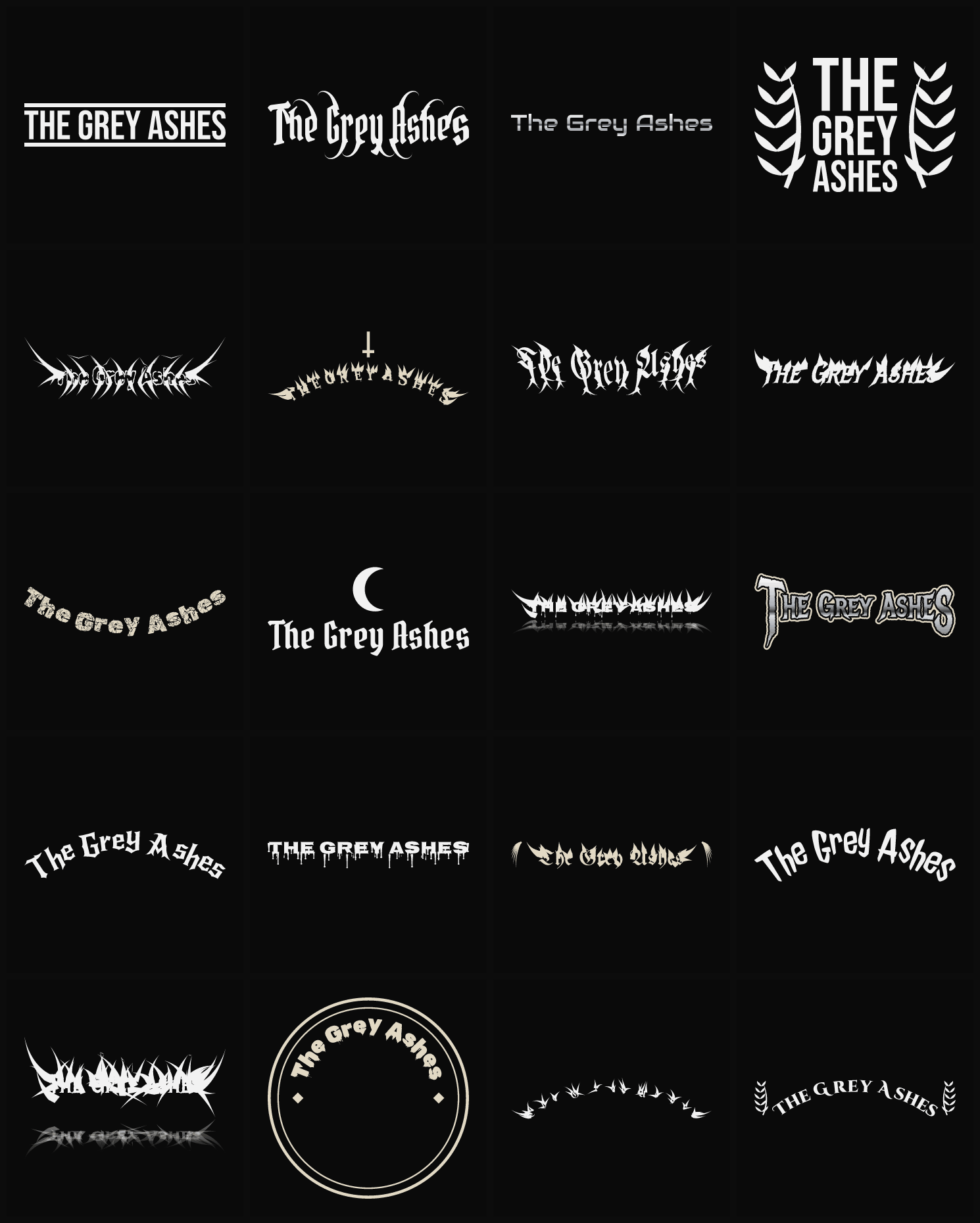 Twenty The Grey Ashes band logo ideas — different faces, treatments and spike settings