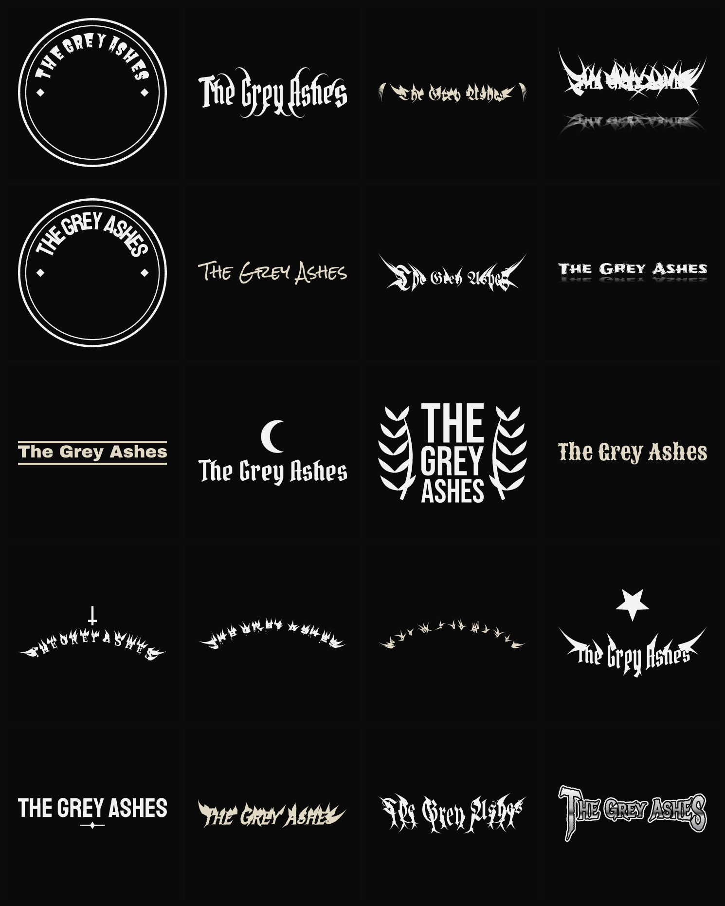 Twenty The Grey Ashes band logo ideas — different faces, treatments and spike settings