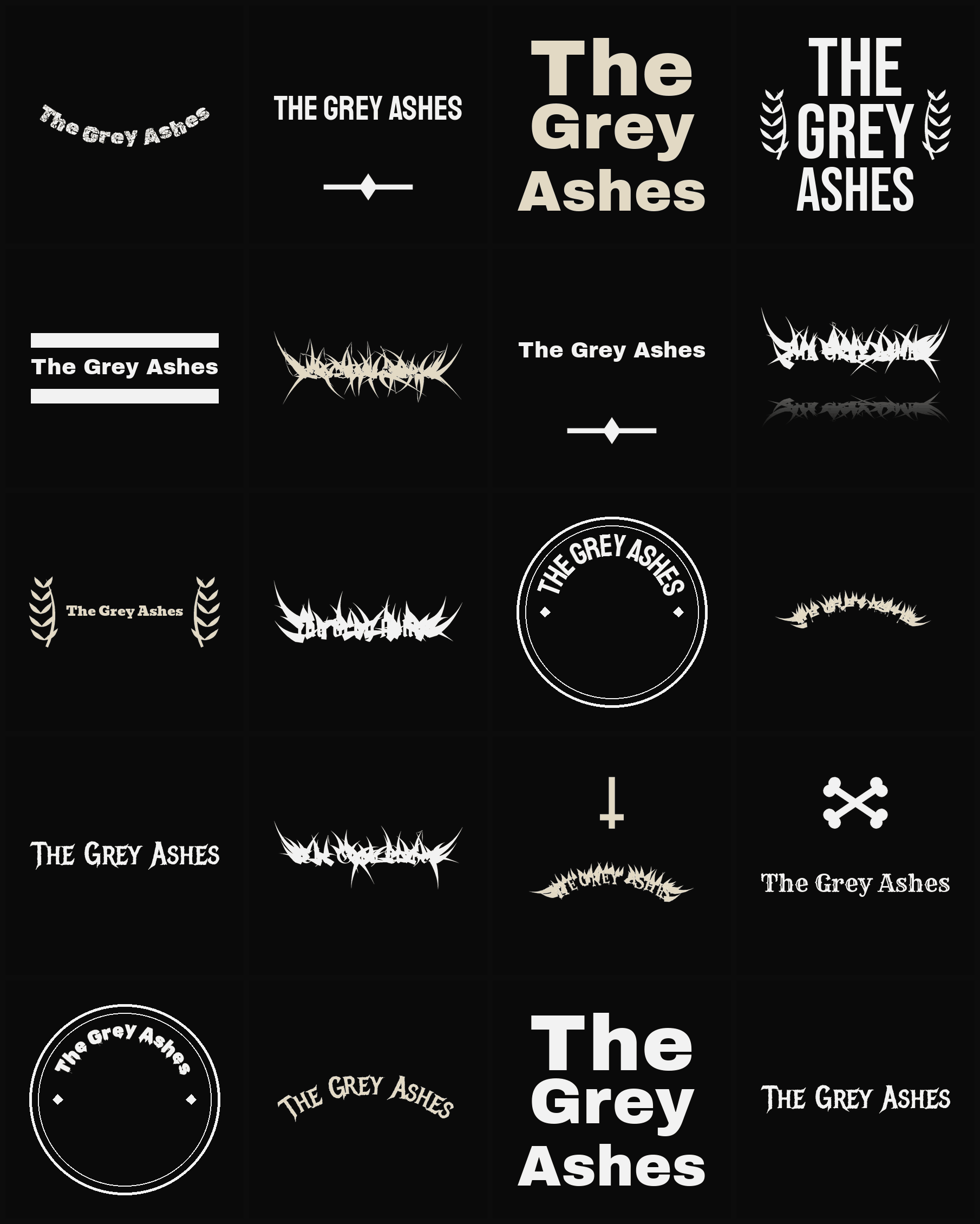 Twenty The Grey Ashes band logo ideas — different faces, treatments and spike settings