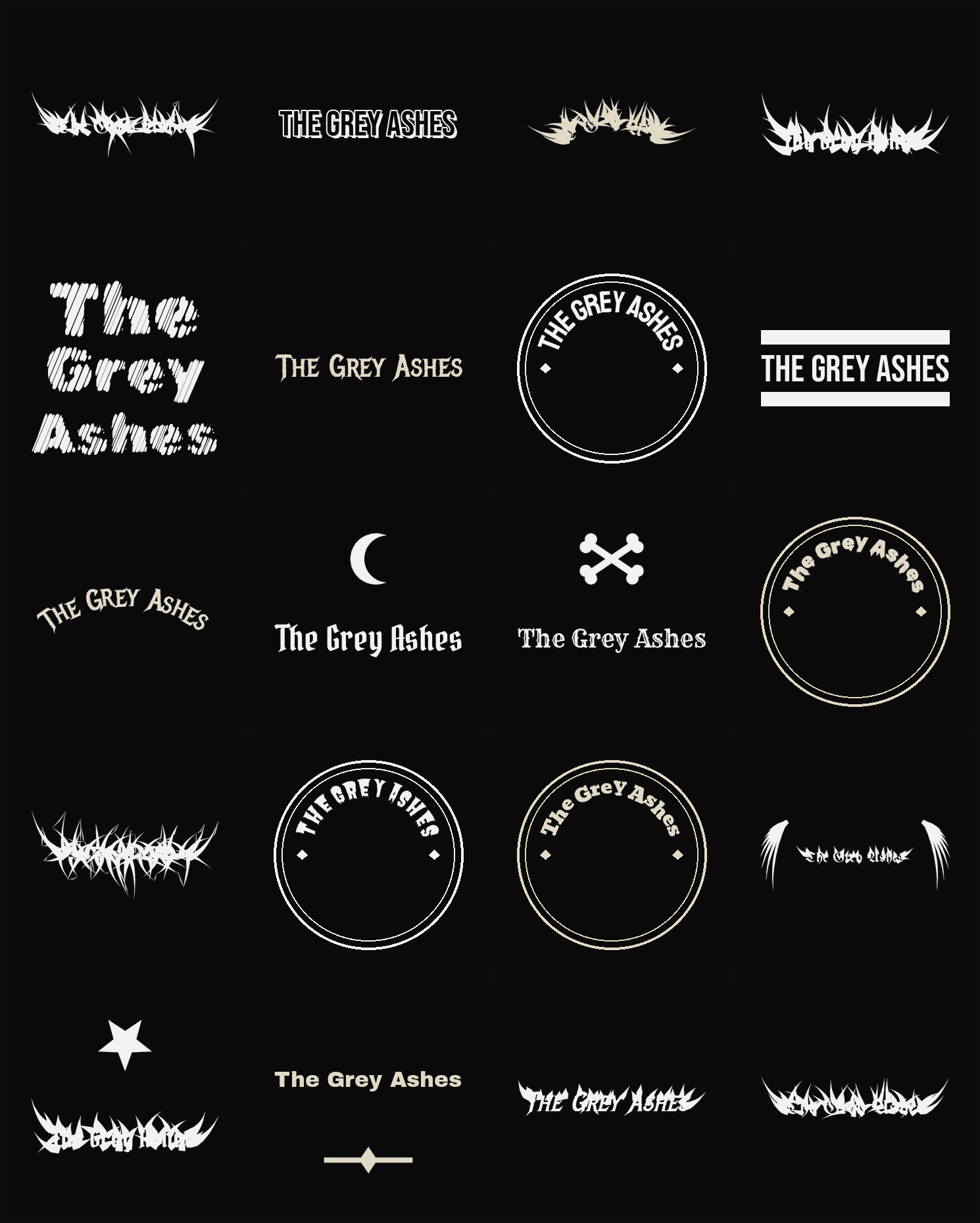 Twenty The Grey Ashes band logo ideas — different faces, treatments and spike settings