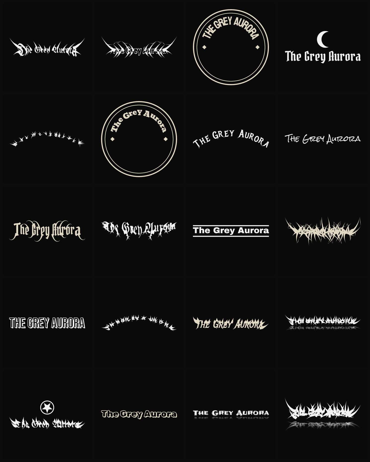 Twenty The Grey Aurora band logo ideas — different faces, treatments and spike settings