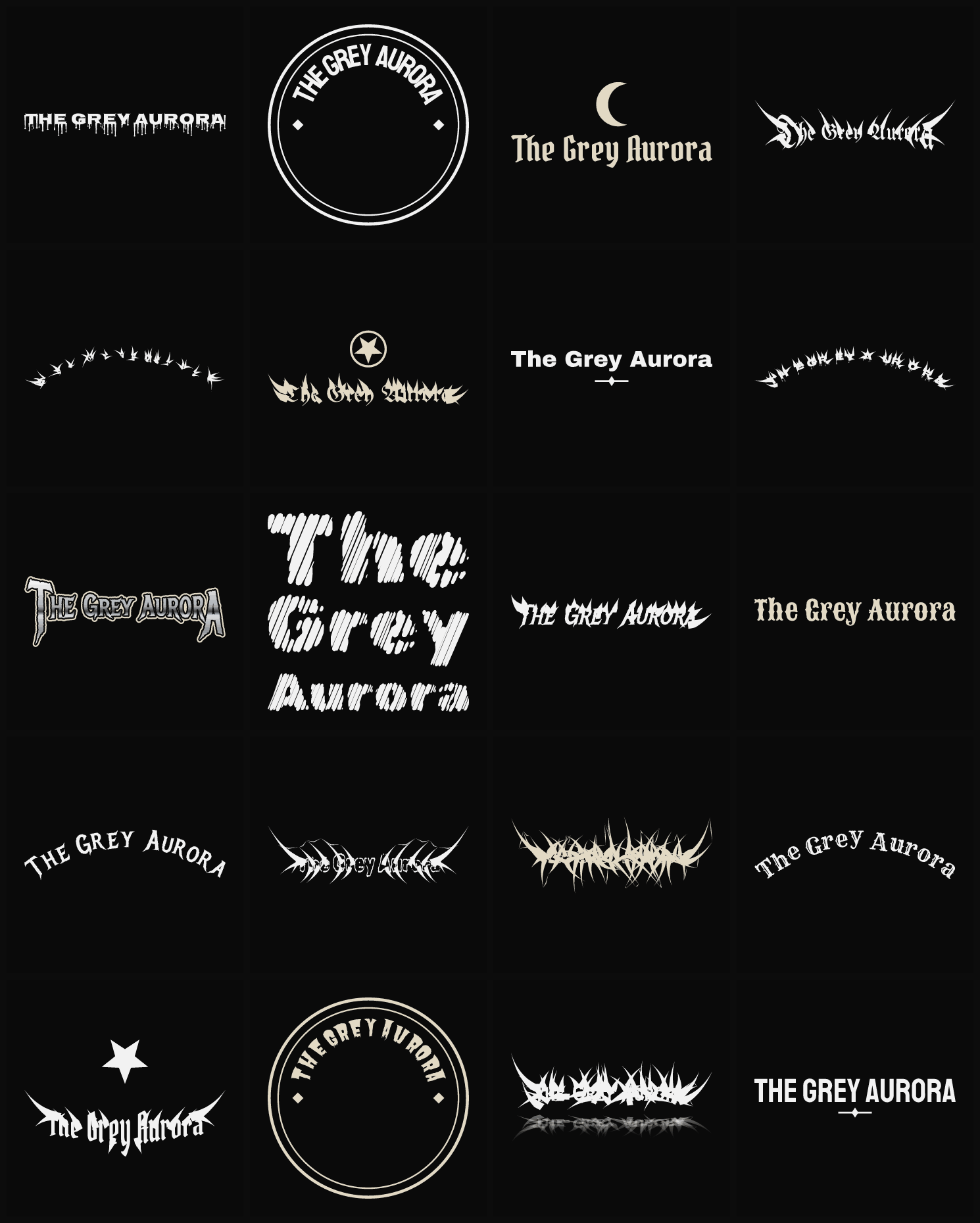 Twenty The Grey Aurora band logo ideas — different faces, treatments and spike settings