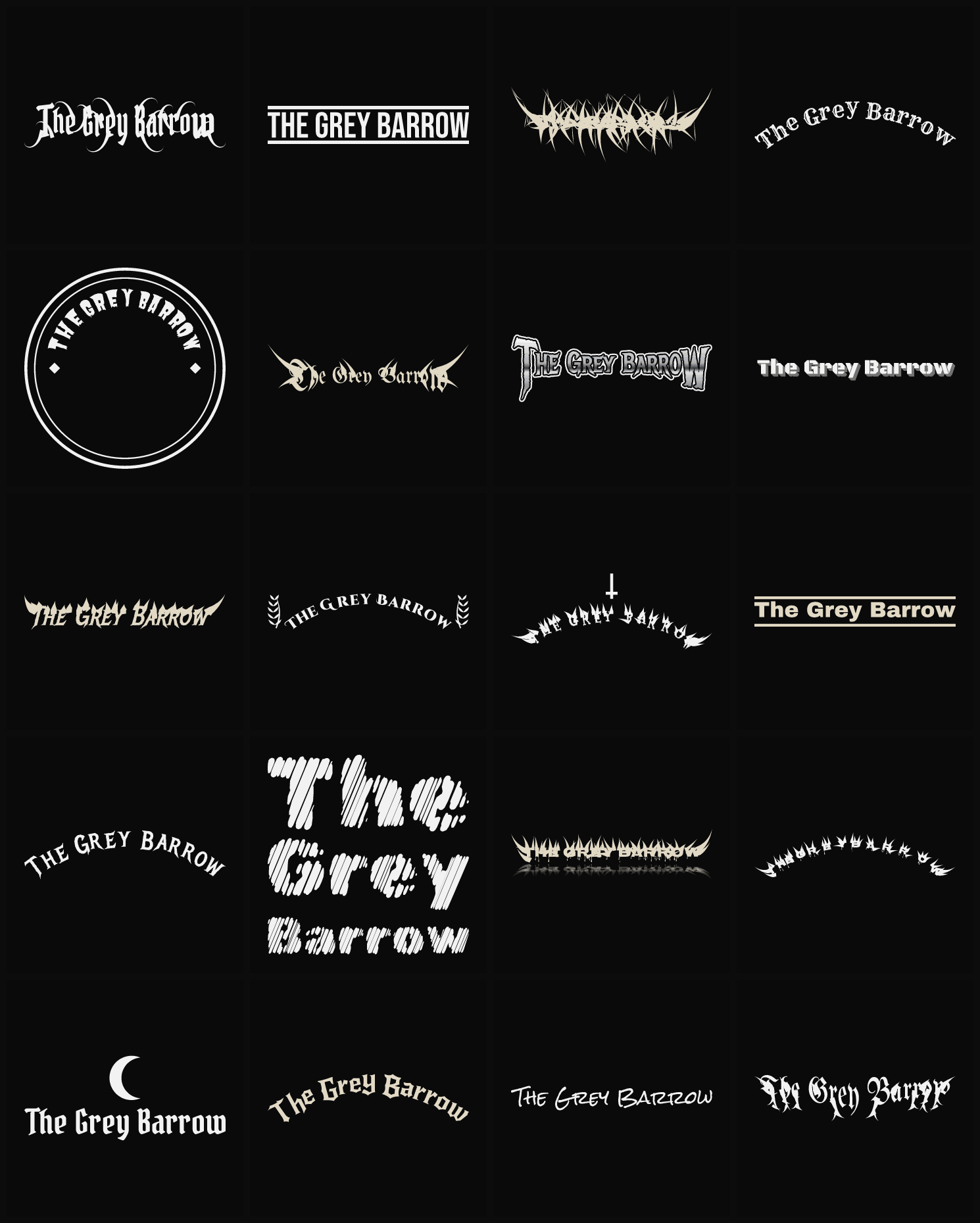 Twenty The Grey Barrow band logo ideas — different faces, treatments and spike settings