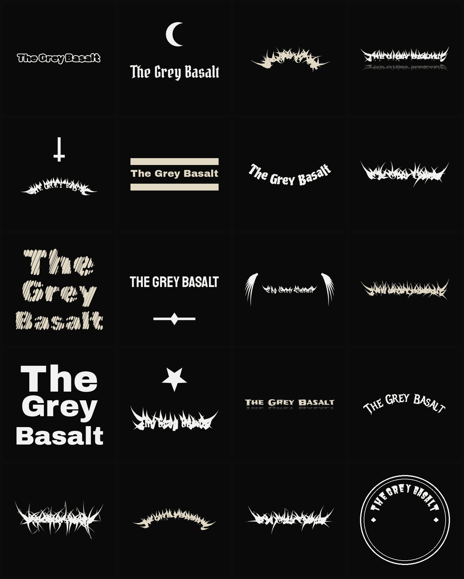 Twenty The Grey Basalt band logo ideas — different faces, treatments and spike settings