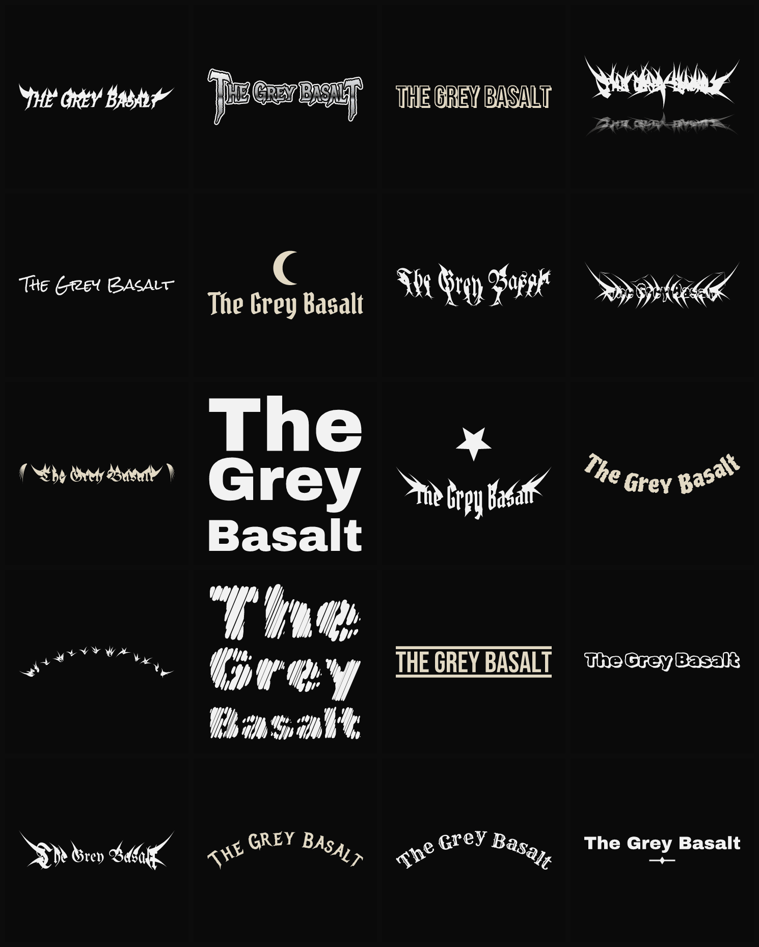 Twenty The Grey Basalt band logo ideas — different faces, treatments and spike settings