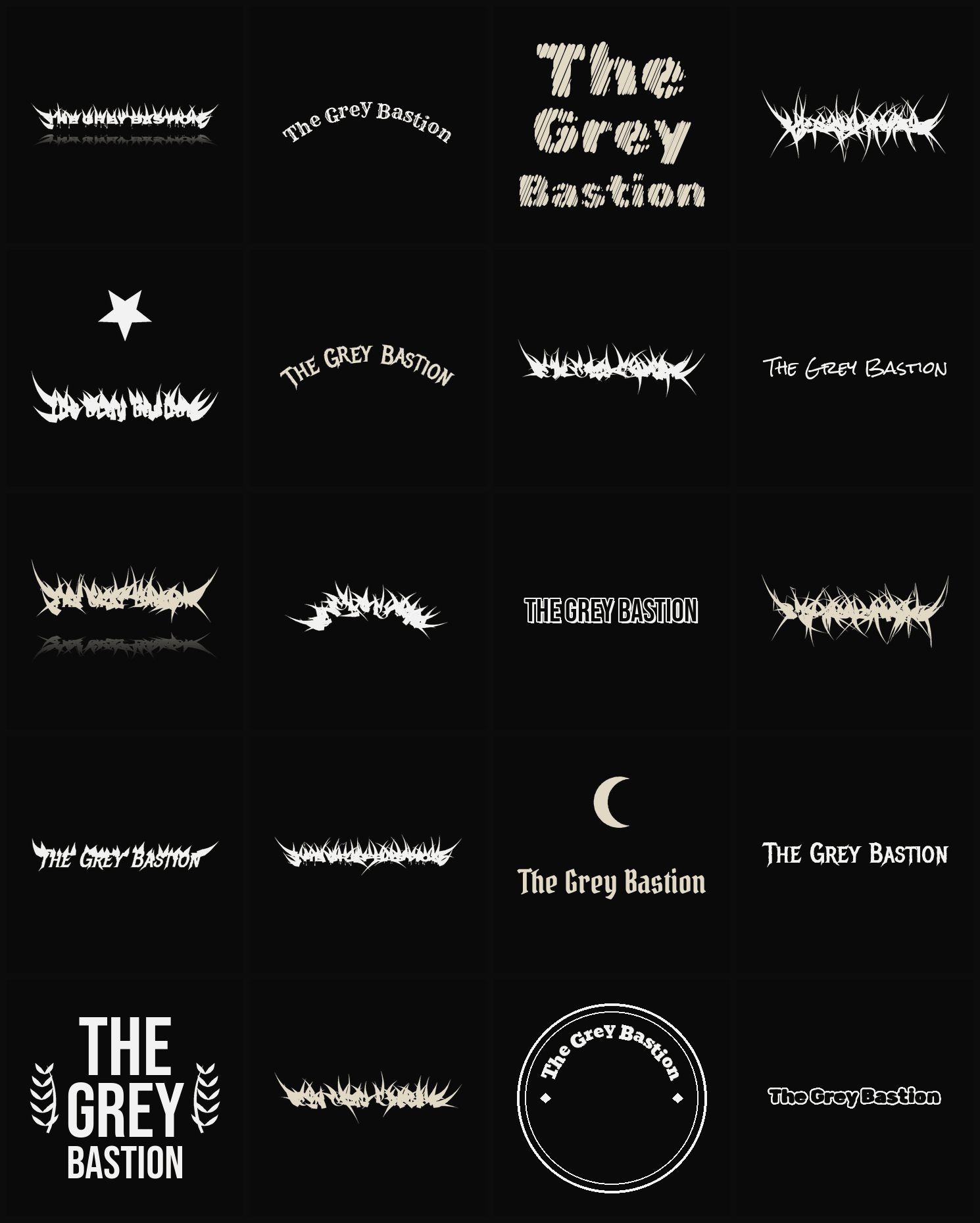 Twenty The Grey Bastion band logo ideas — different faces, treatments and spike settings