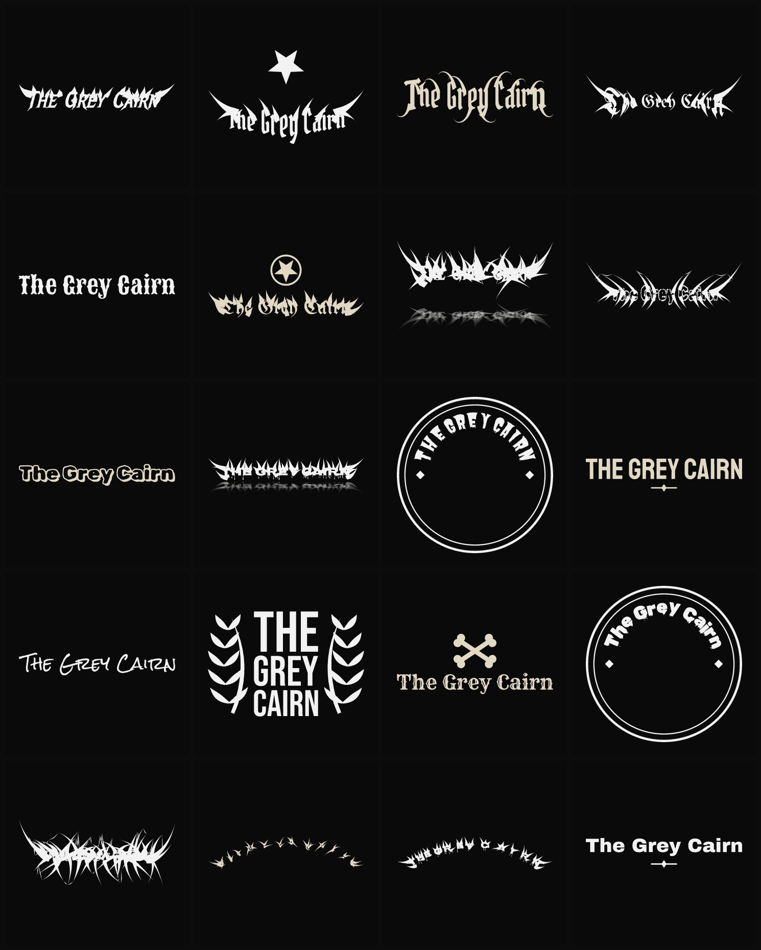 Twenty The Grey Cairn band logo ideas — different faces, treatments and spike settings