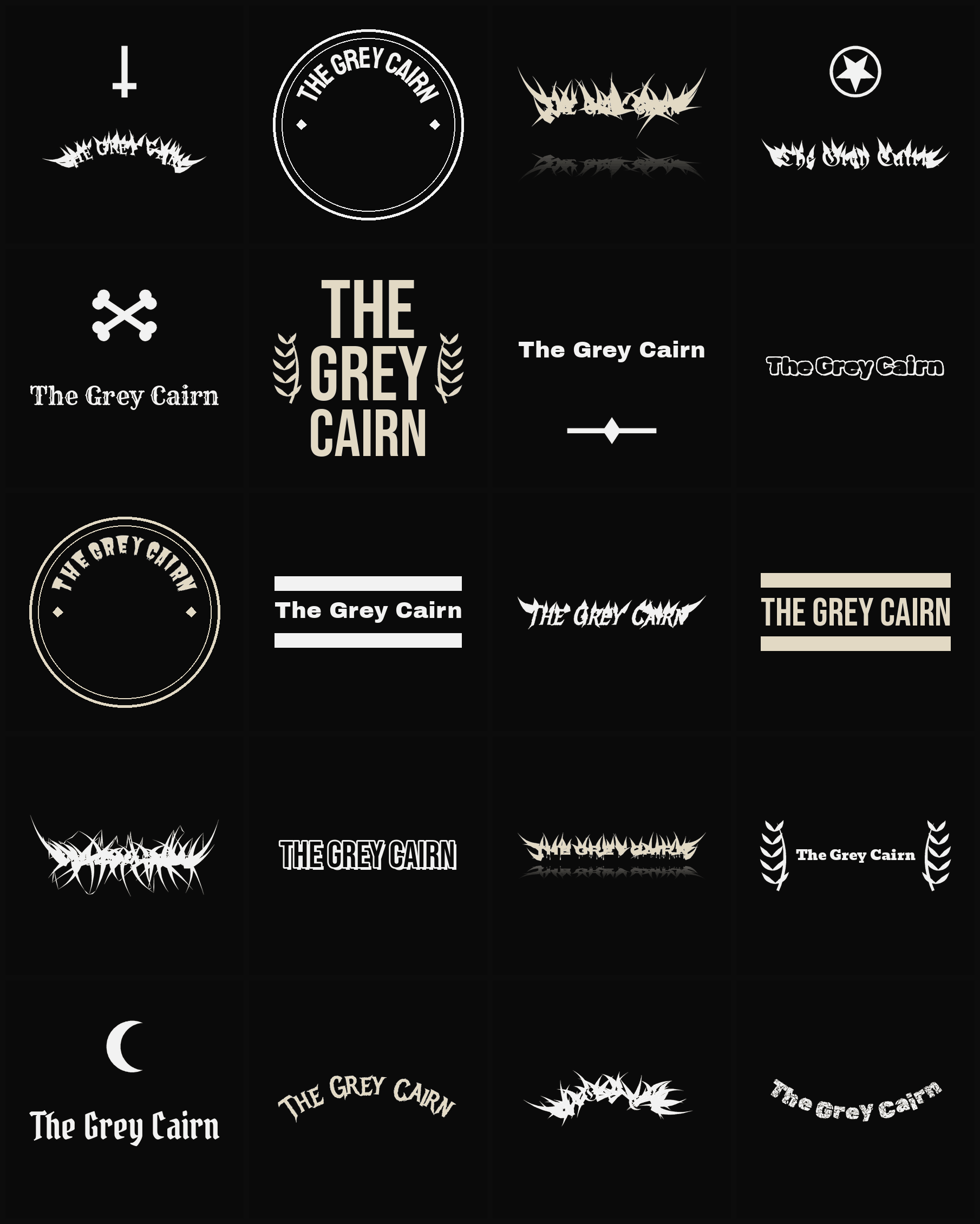 Twenty The Grey Cairn band logo ideas — different faces, treatments and spike settings