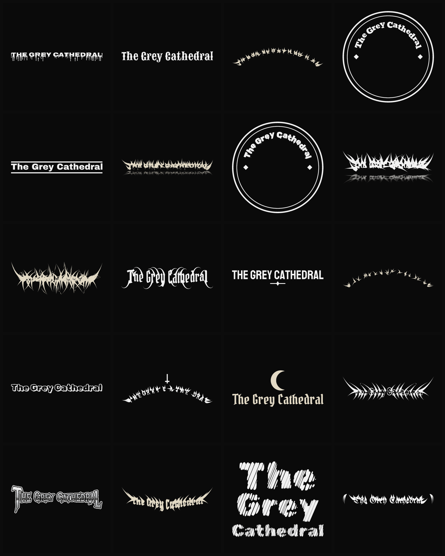 Twenty The Grey Cathedral band logo ideas — different faces, treatments and spike settings