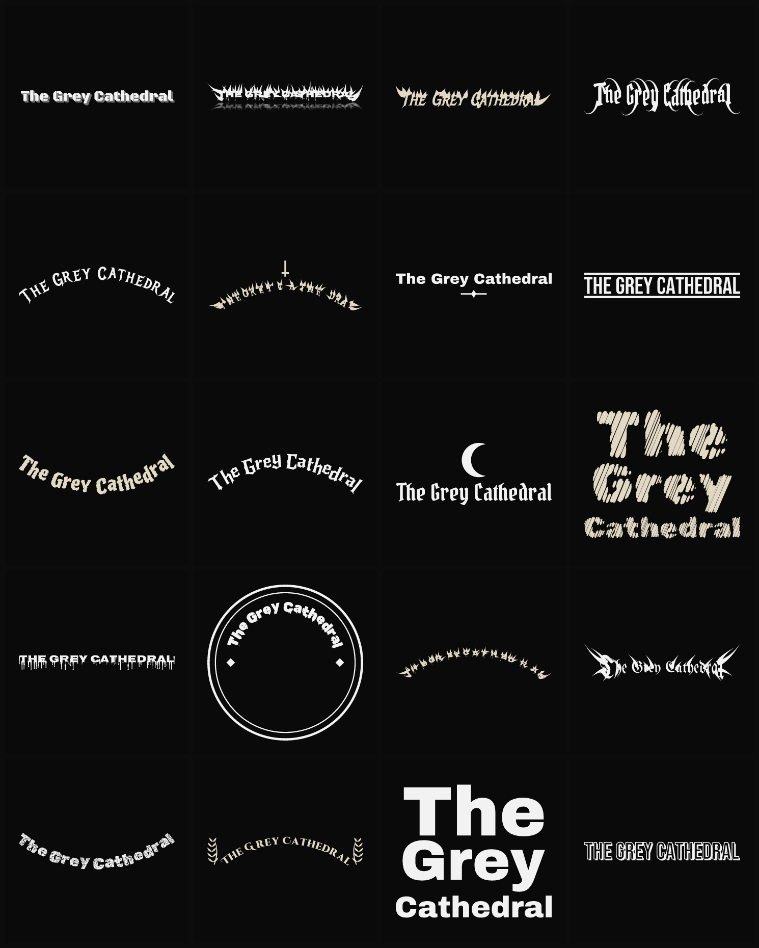 Twenty The Grey Cathedral band logo ideas — different faces, treatments and spike settings