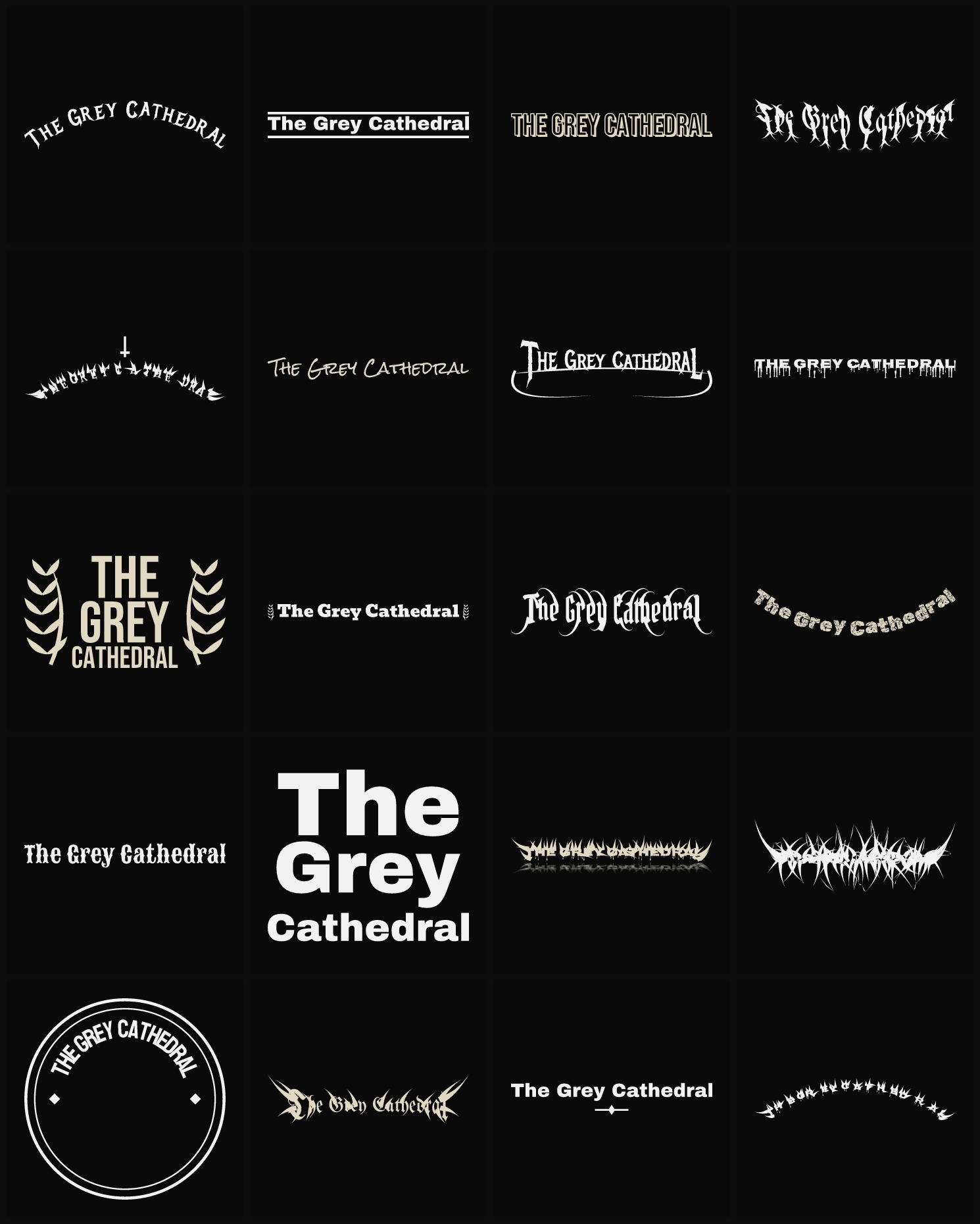 Twenty The Grey Cathedral band logo ideas — different faces, treatments and spike settings